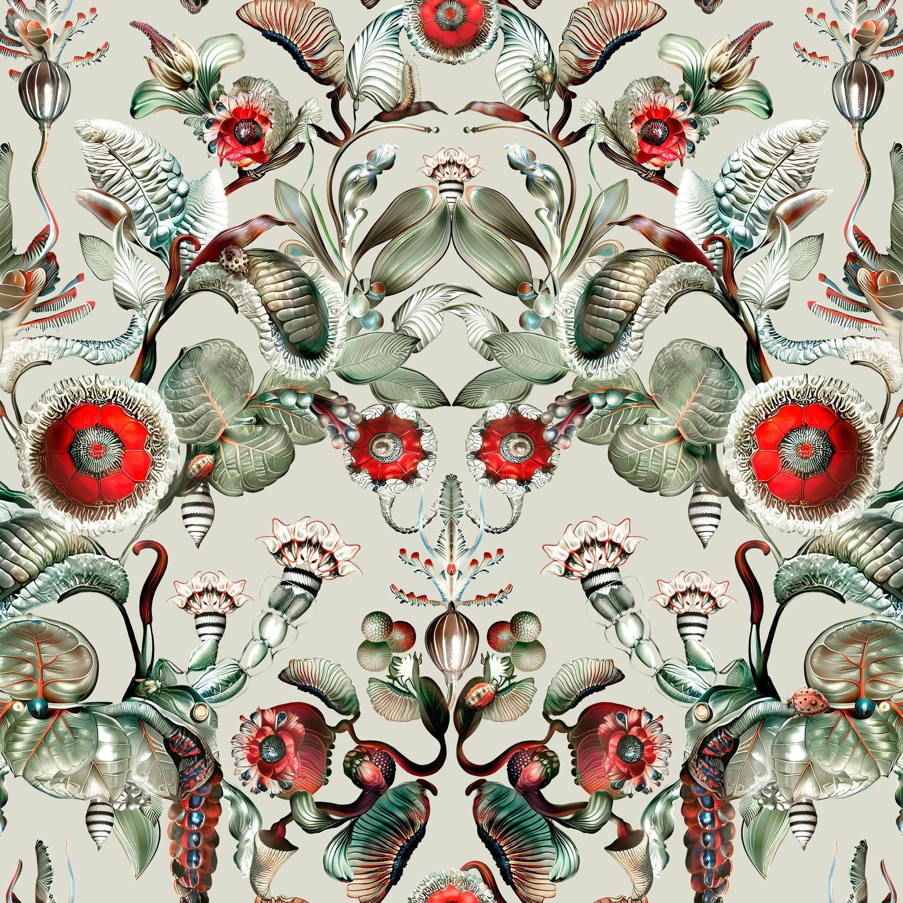 Textiltapete mit Pflanzenmotiv COCCINELLA BELLA grau mit grün