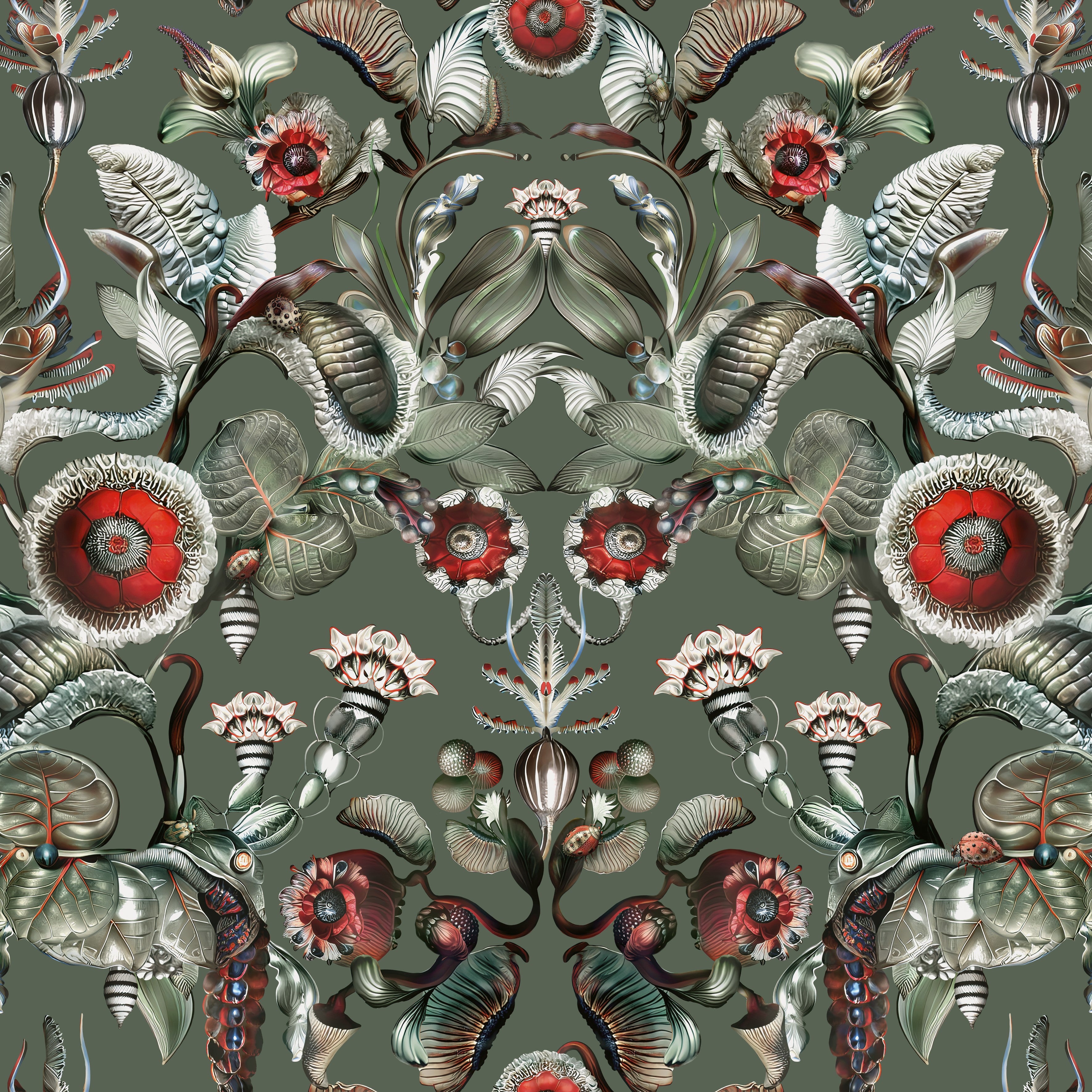 Textil-Tapete mit Pflanzenmotiv COCCINELLA BELLA gedämpftes Grün mit Rot