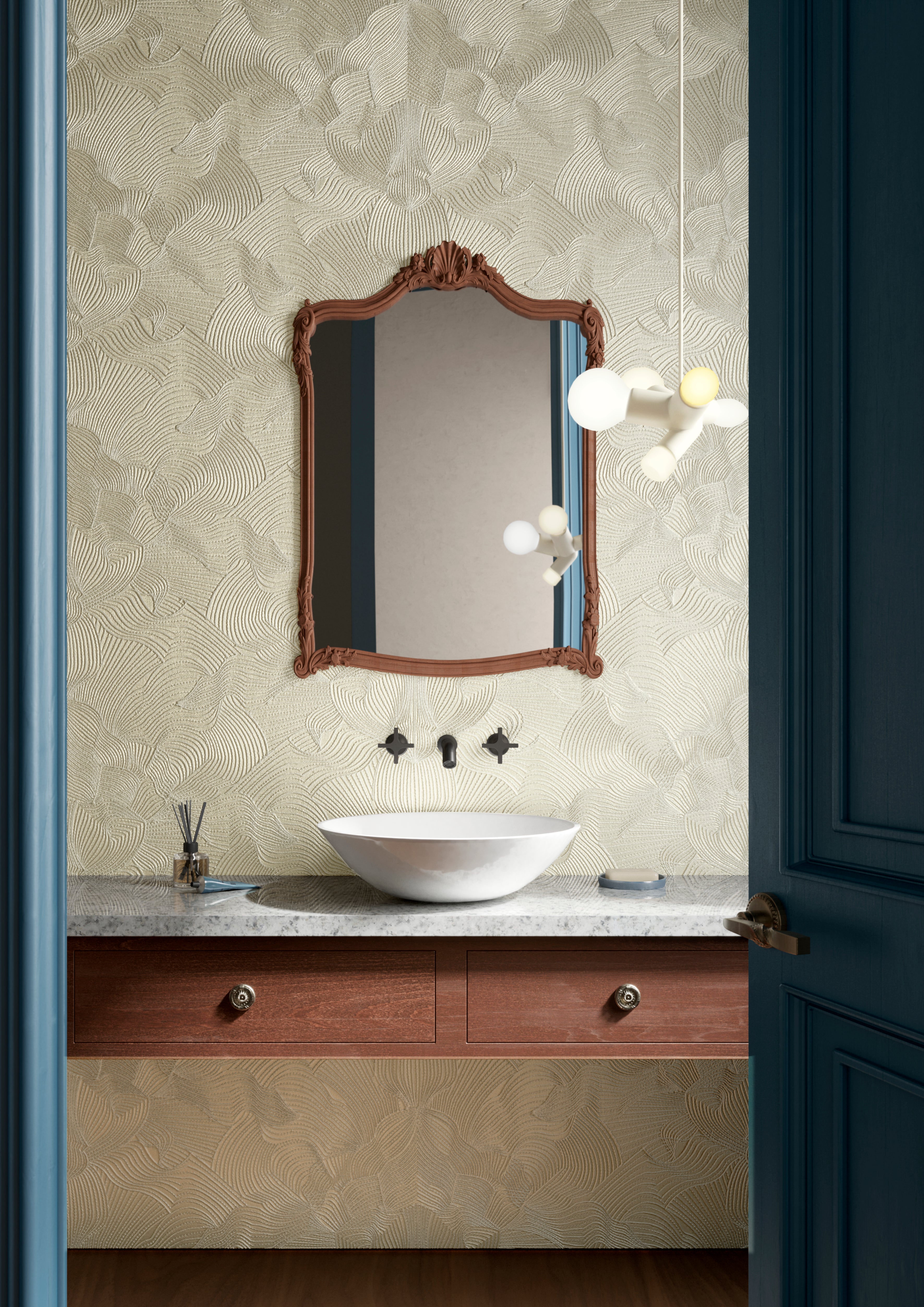 Textiltapete mit abstraktem Muster, bestickt mit Moiré-Effekt TECHNO BEE BESTICKT Elfenbein