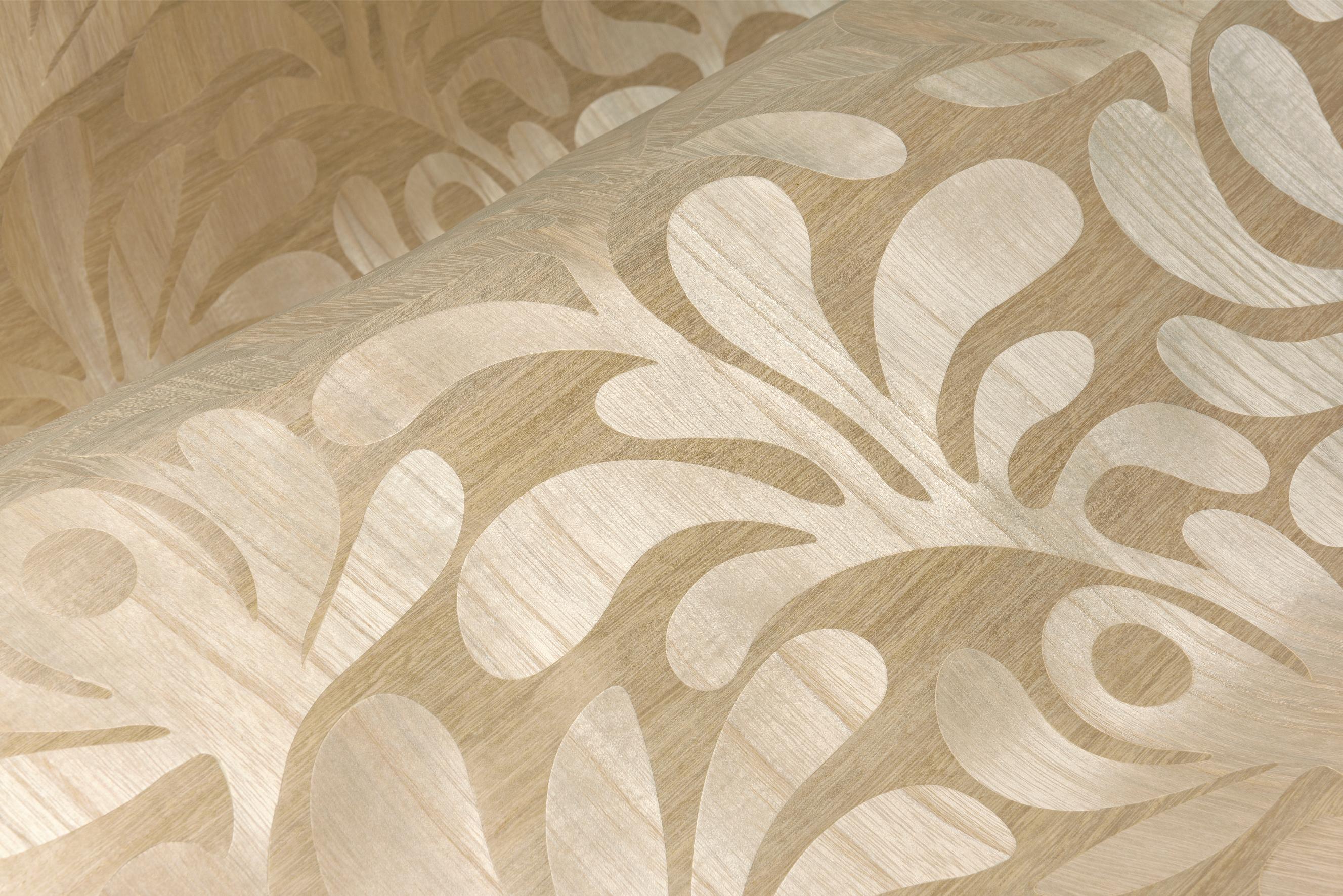 Woodblock Beetle Fern Beige Wallpaper with Plant Leaf Motif