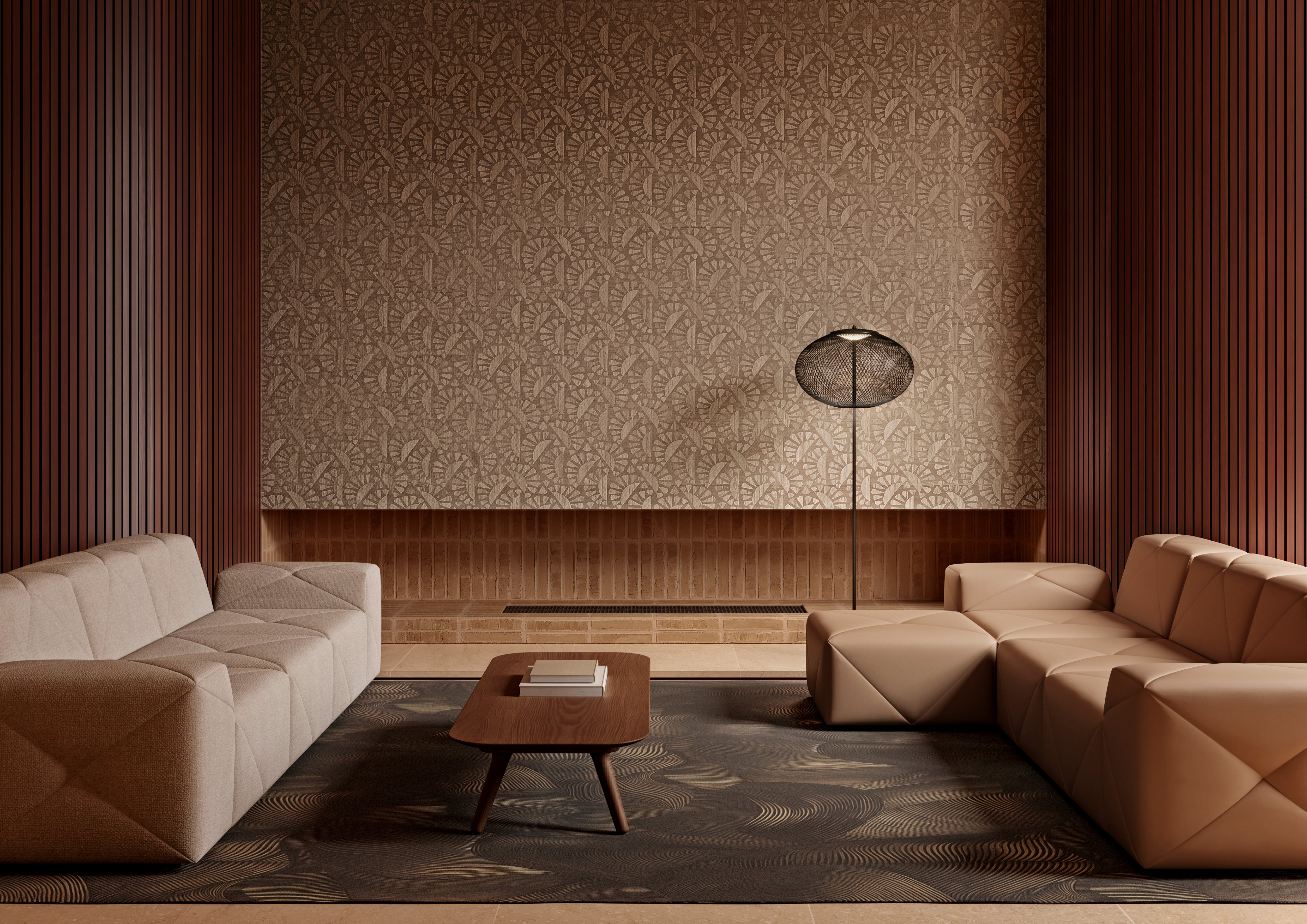 Veneered wallpaper with geometric pattern WOODBLOCK BEETLE FLORA brown