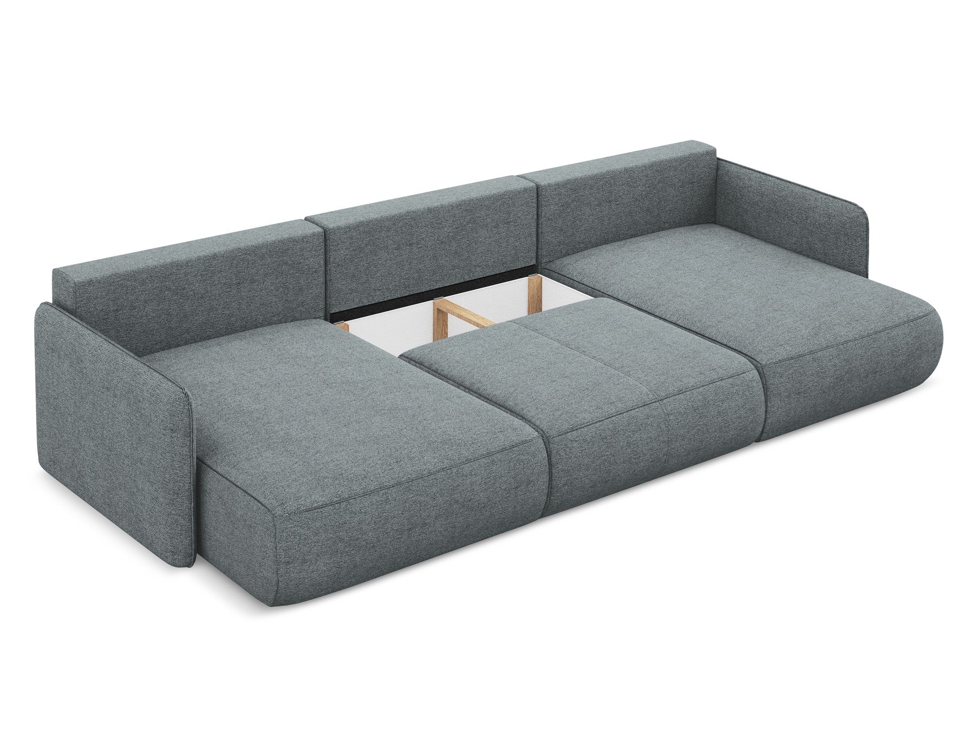 Panoramawinkelsofa mit Schlaffunktion NANEA in jeansblauem Chenille