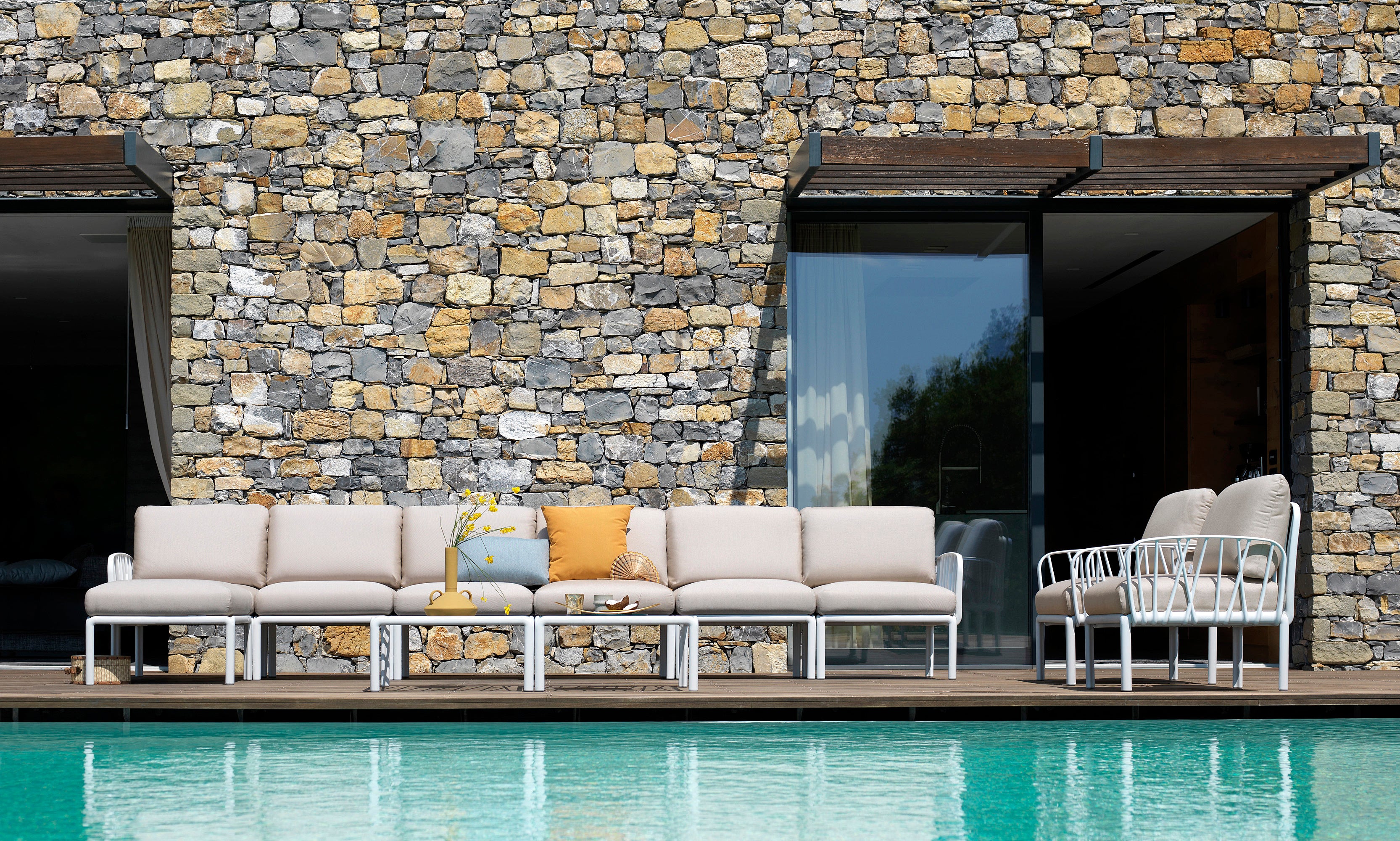 KOMODO Beige Outdoor Armchair with Green Agave Base in Sunbrella®