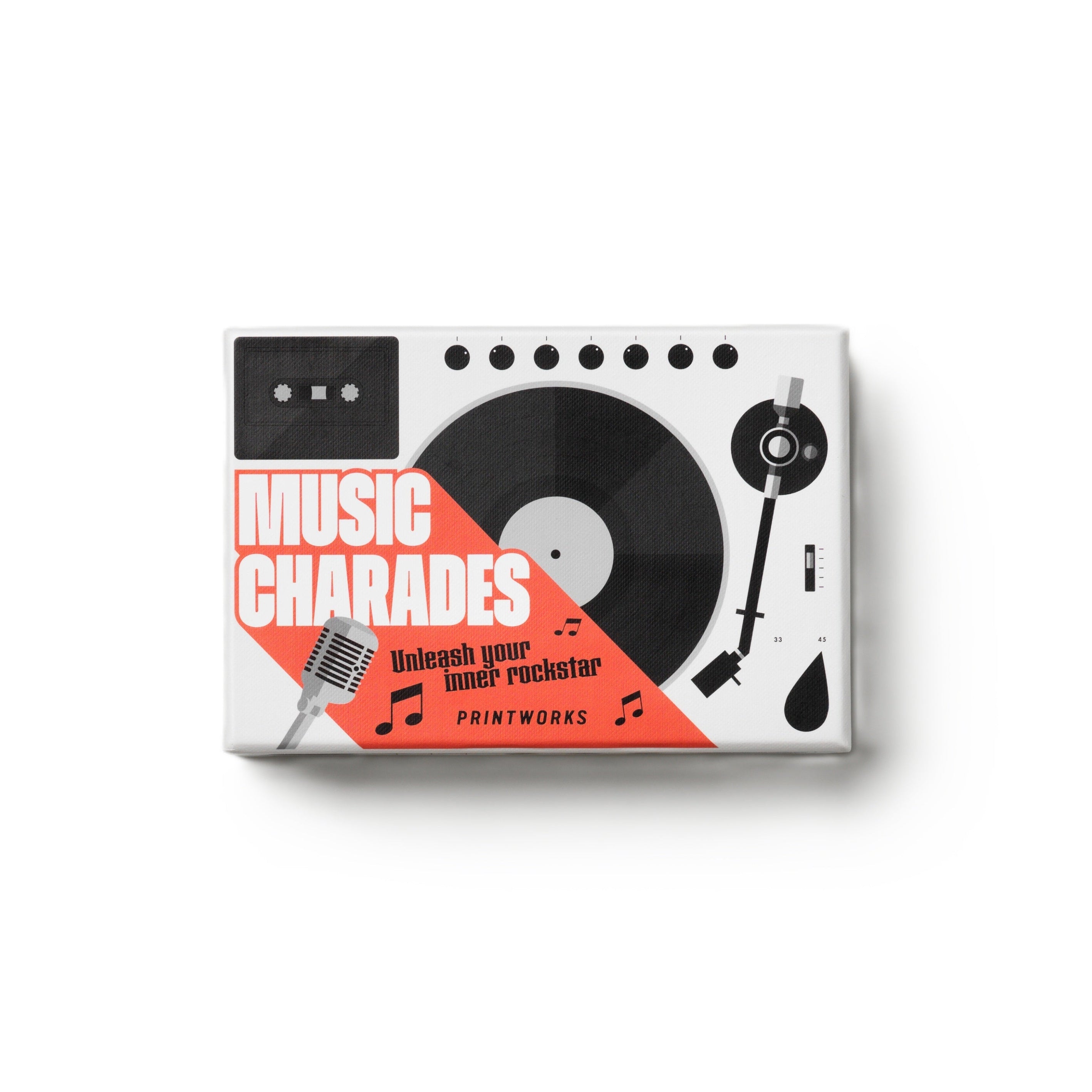 Music Charades Game in White with Black and Red