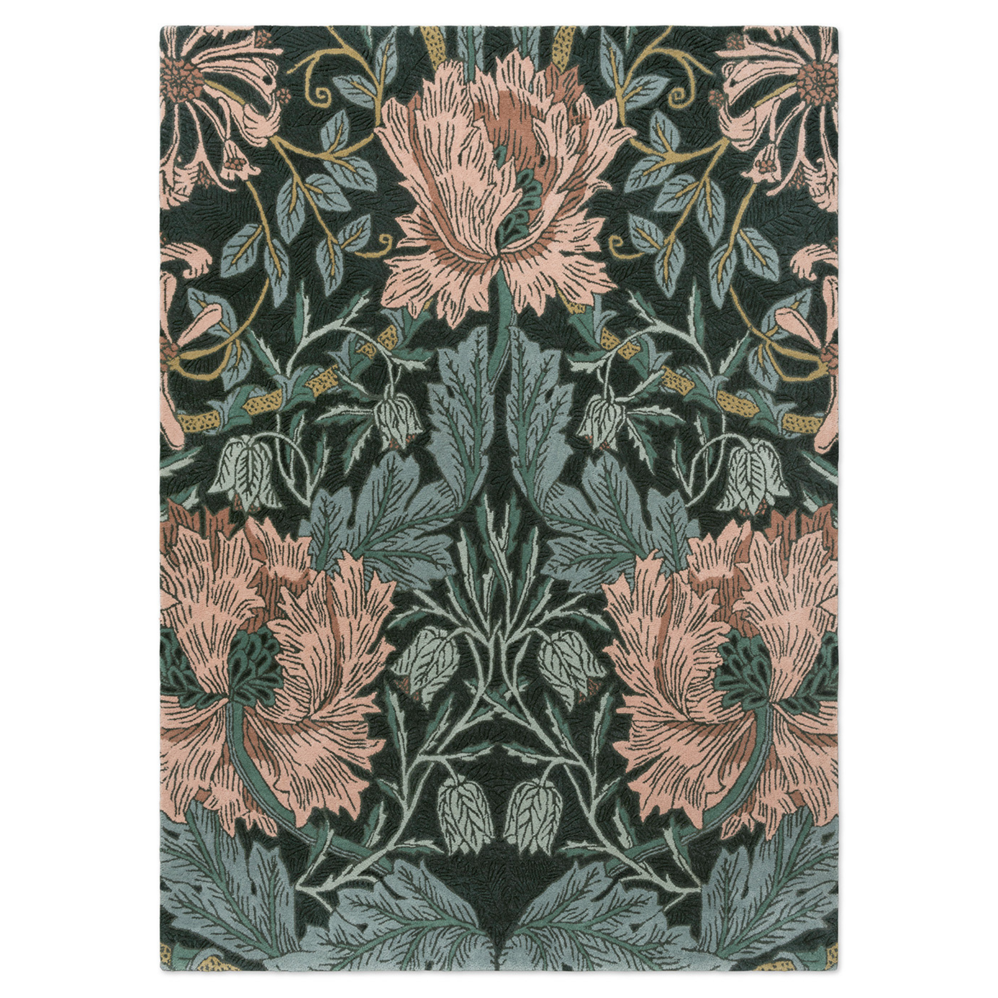 Wollteppich HONEYSUCKLE & TULIP TEAL dunkelgrün mit rosa