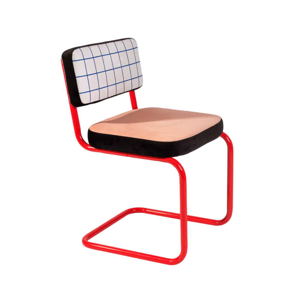 SUPERCHAIR BLUE GRID chair in salmon with a red base