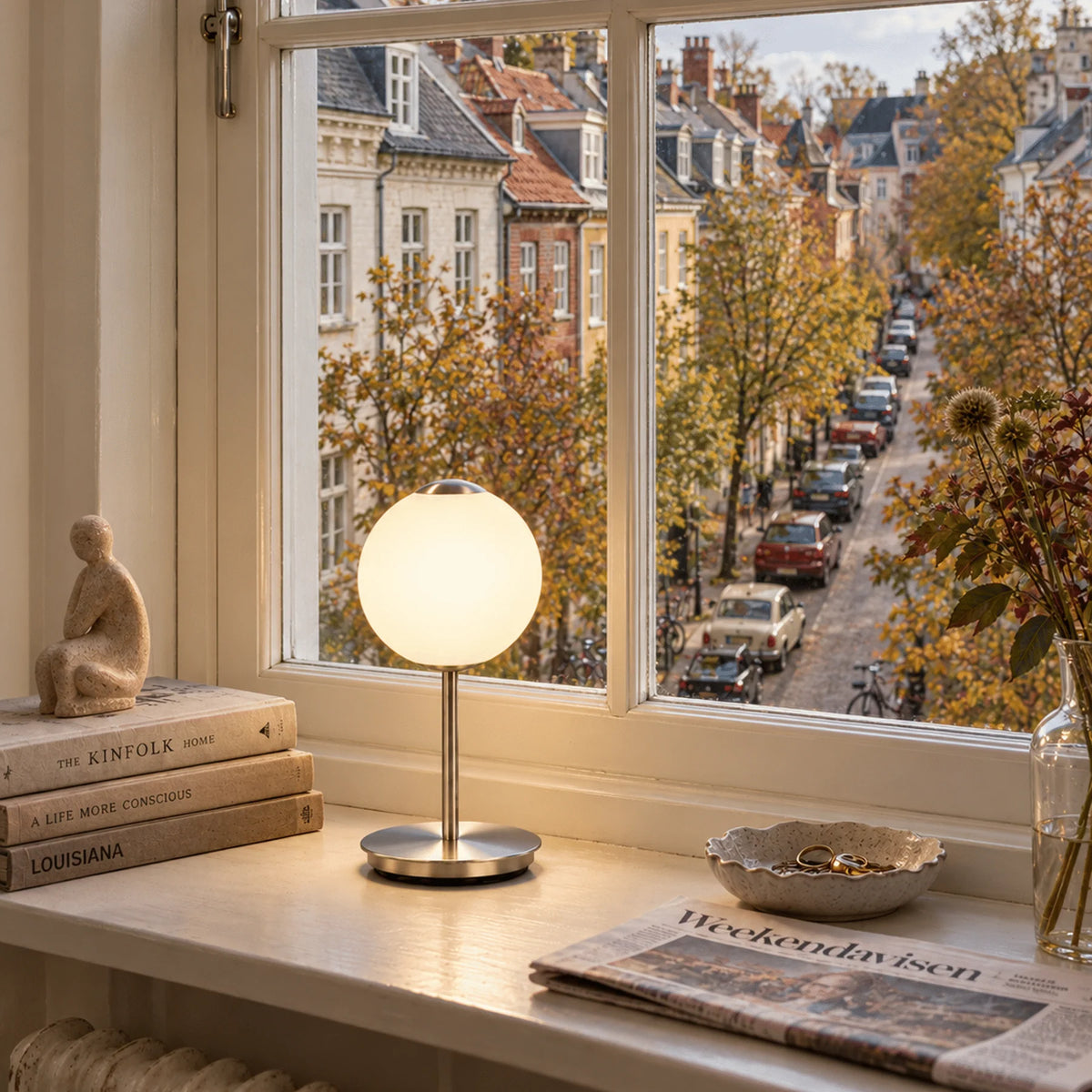 Tragbare Lampe AUDREY MOVE in Weiß mit silberner Einlage