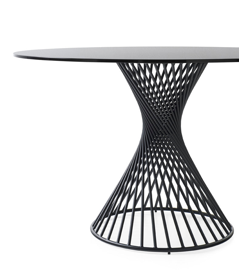 Runder Tisch VORTEX mit rauchigem Glas und schwarzem Gestell
