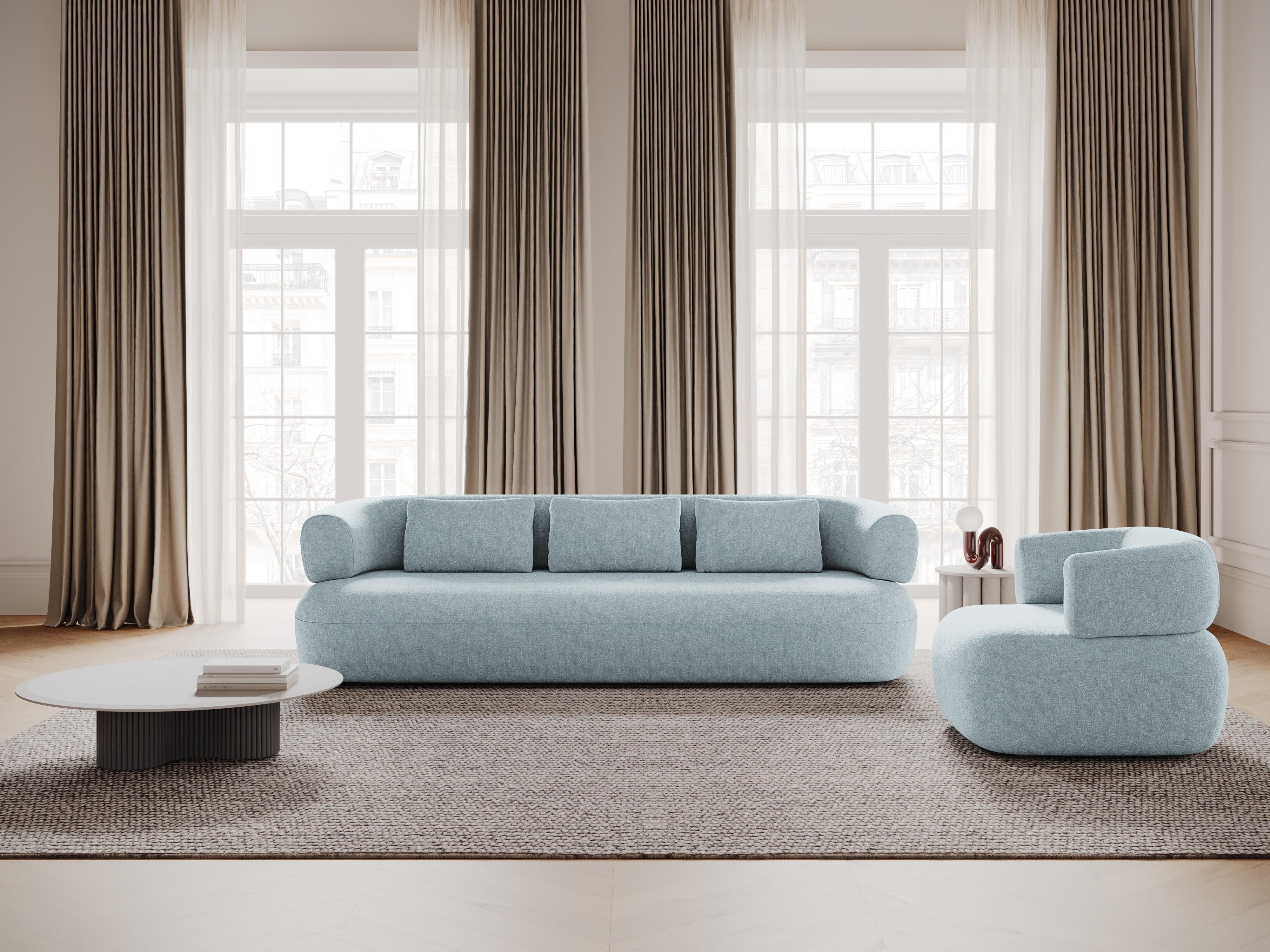 3-sitzige linke Eckcouch ALDRIN in himmelblauem Chenille
