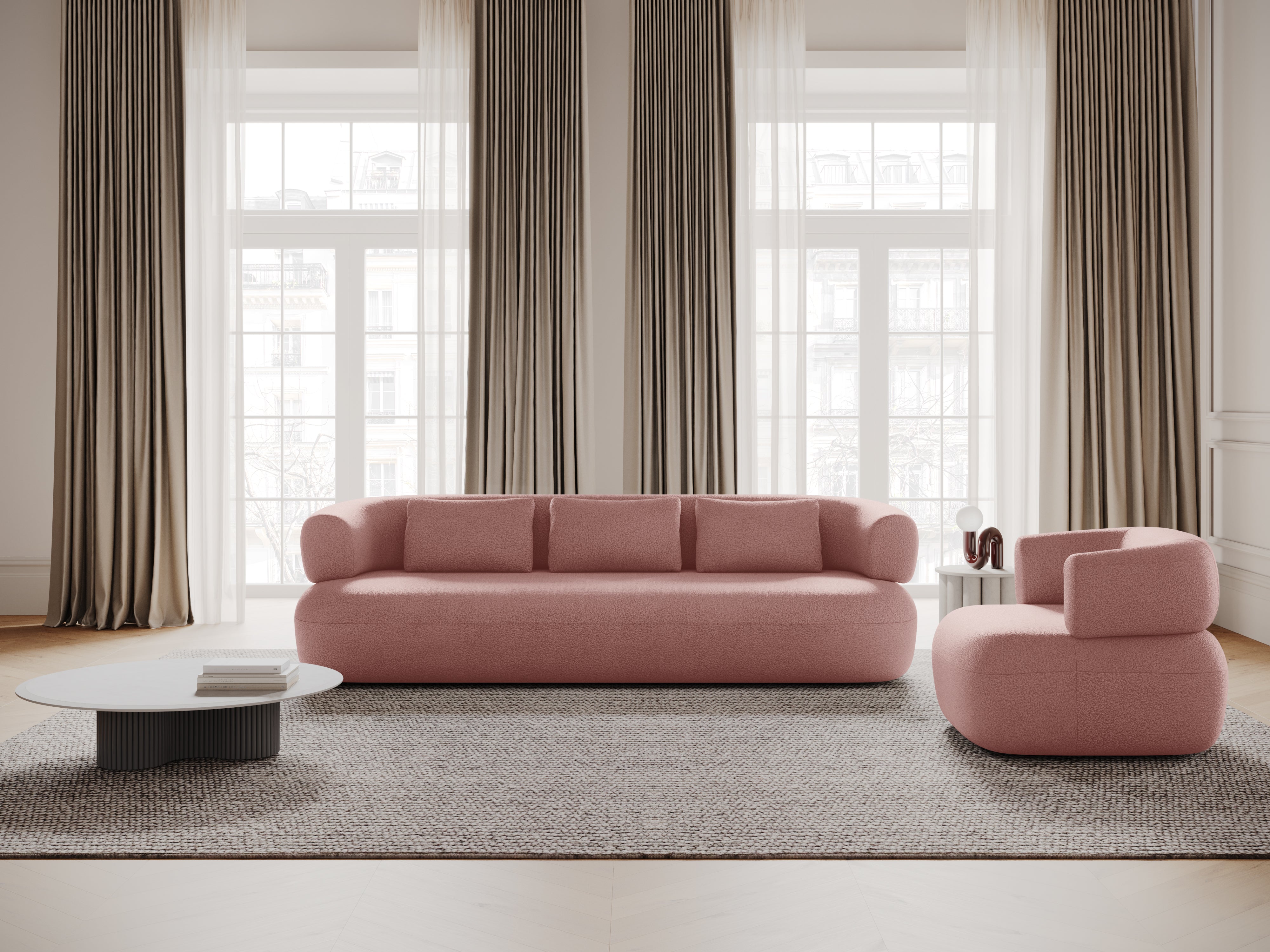 Zweisitzer-Ecksofa rechts ALDRIN in pudrigem Rosa Boucle
