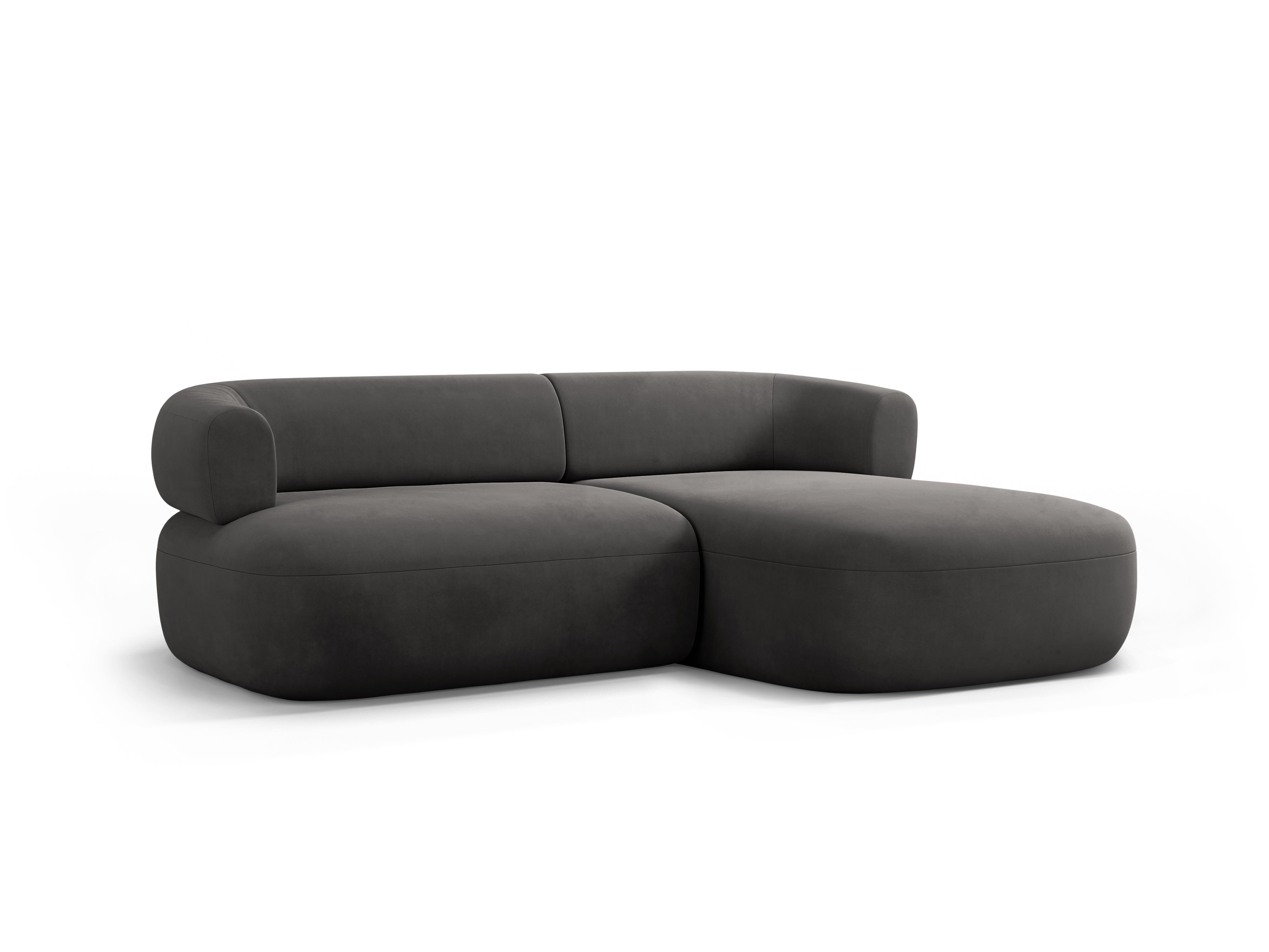 Samt-Ecksofa für zwei Personen, rechtsseitig, ALDRIN in Dunkelgrau.