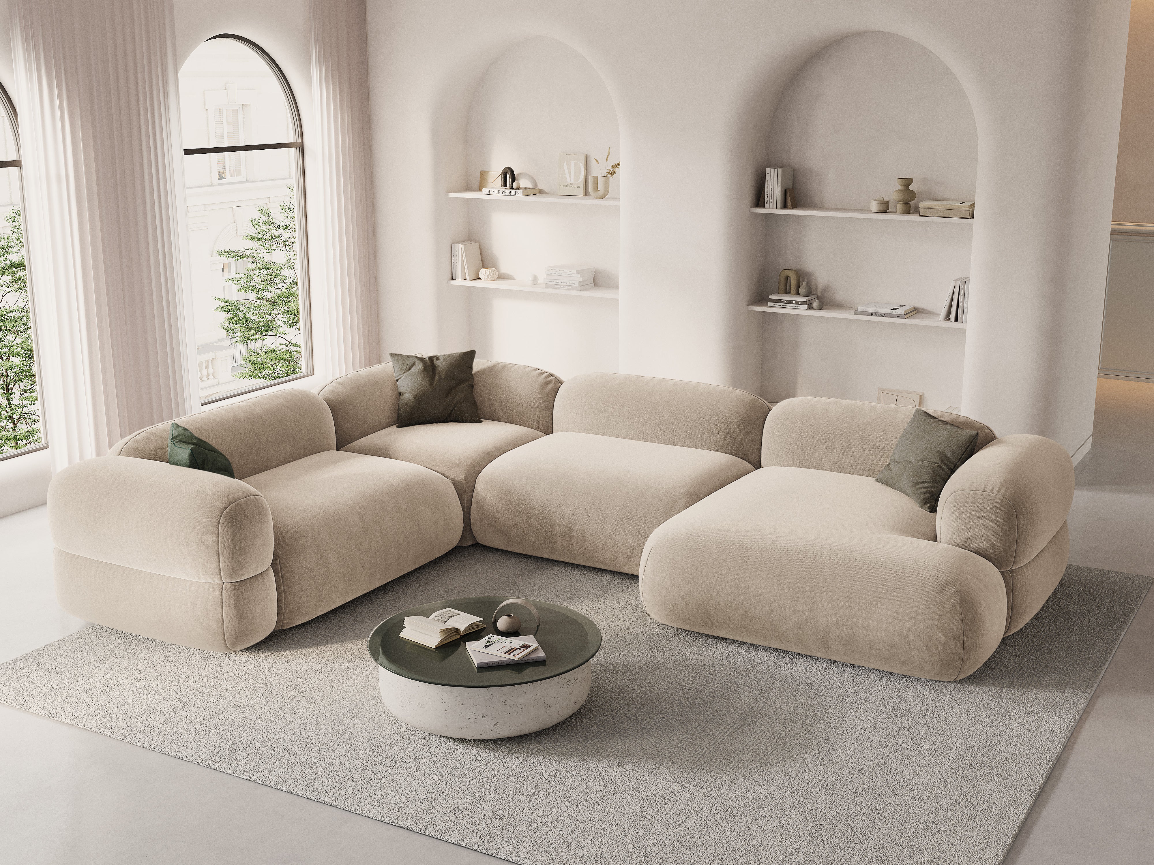 Left-facing U-shaped velvet corner sofa ROGER light beige