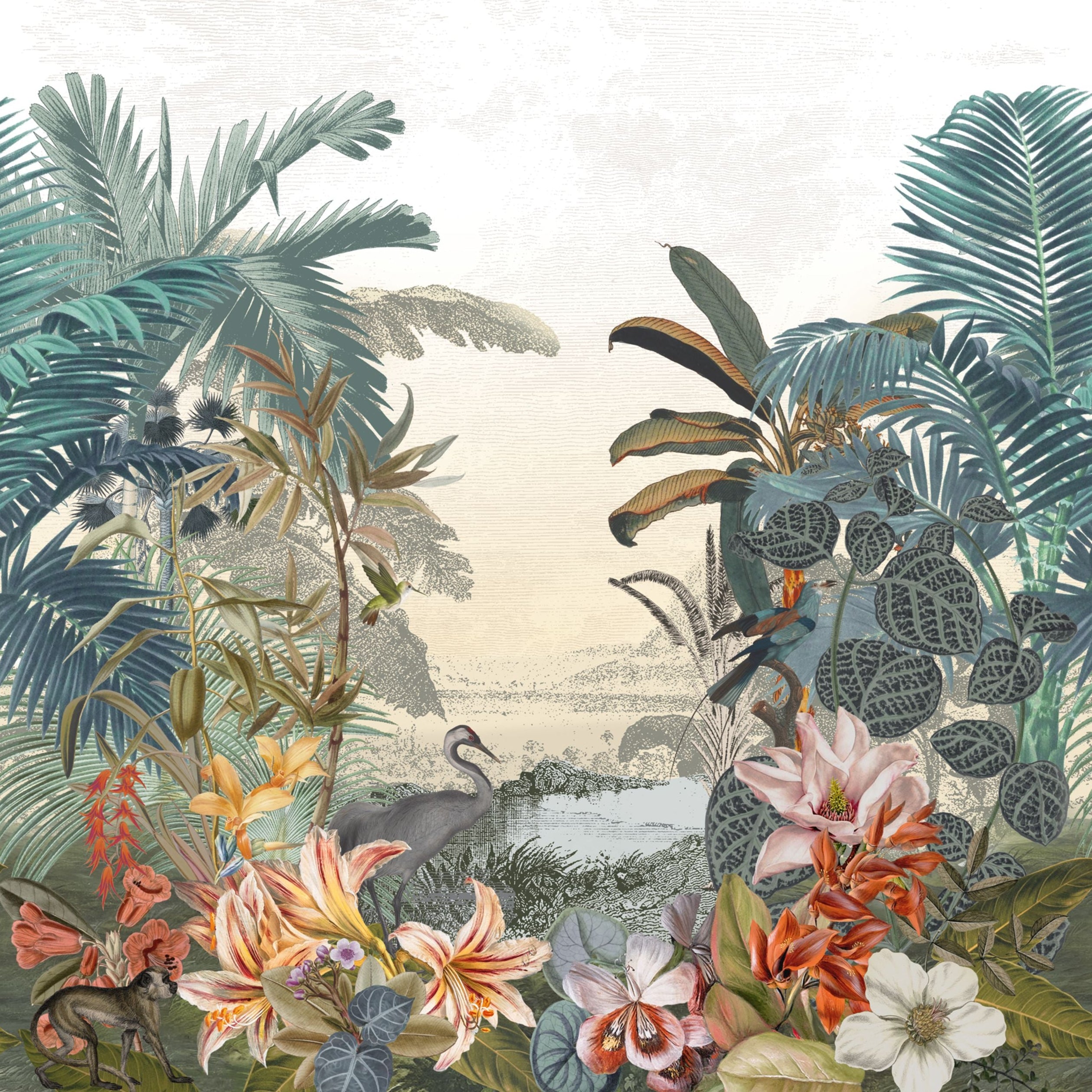 Textilwandbild mit exotischer Landschaft PARAIBA grün-blau mit beige