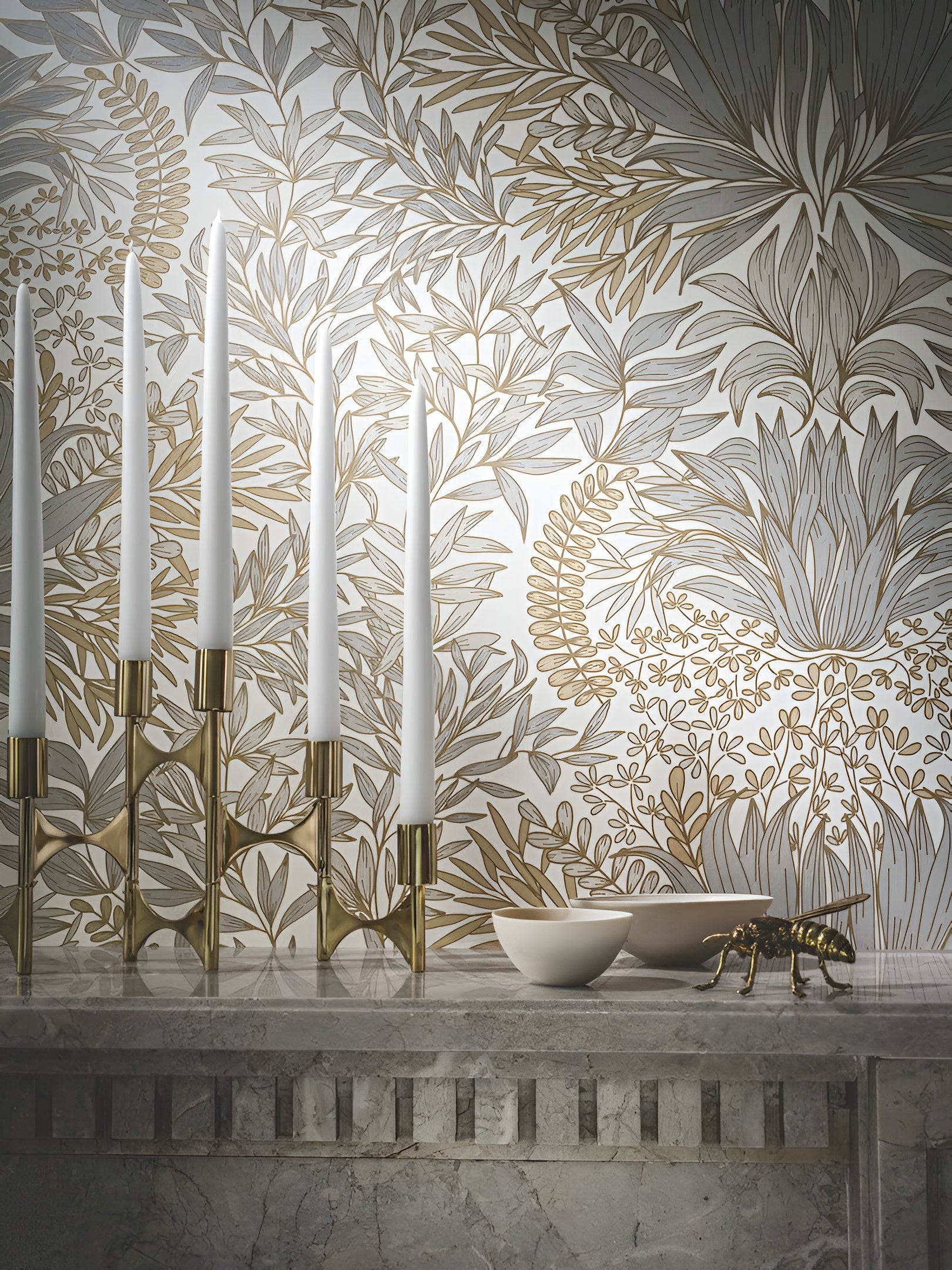 Chardon Wallpaper with Plant Motif - Blue with Celadon Green