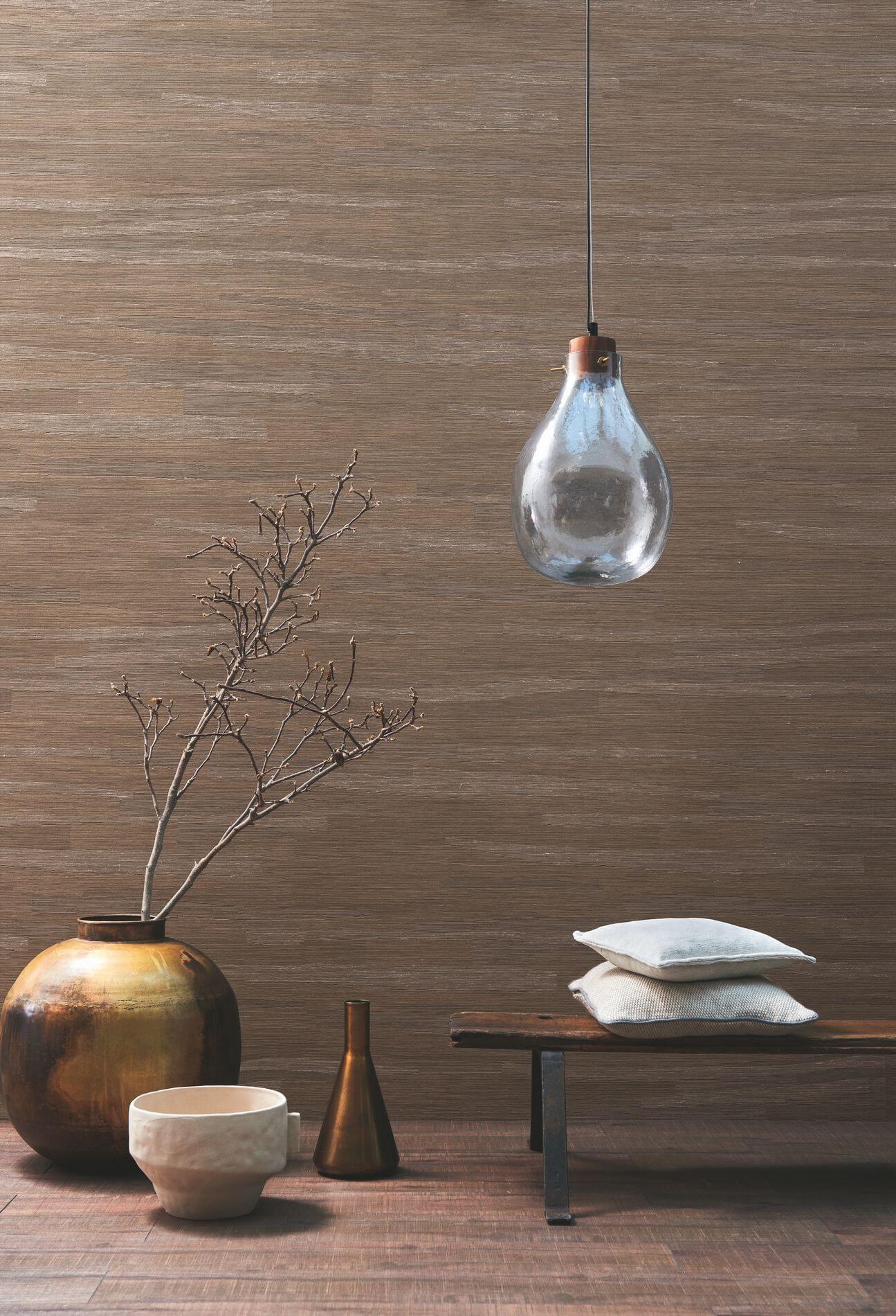 Textured fabric wallpaper with striped jacquard weave HALANA - OCRE beige with gold