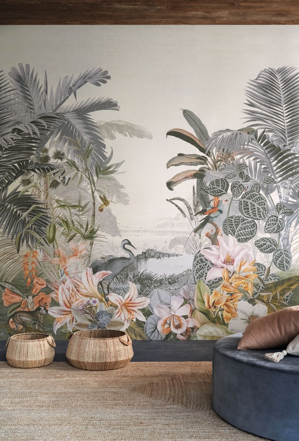 Textilwandbild mit exotischer Landschaft PARAIBA grün-blau mit beige