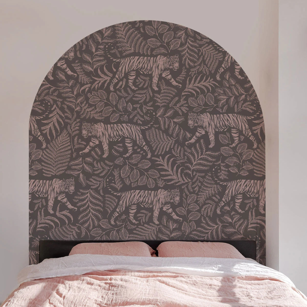 Non-woven mural in the shape of an arch CAMOUFLAGED TIGER gray with pink
