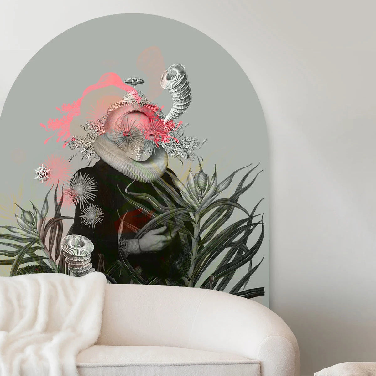 Bogenförmiges Wandbild mit künstlerischem Porträt von LADY MEDUSA grau