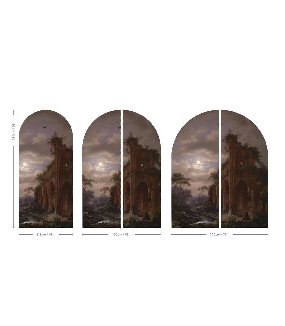 Arch-shaped mural with the landscape MOONLIT RUINS in brown and blue
