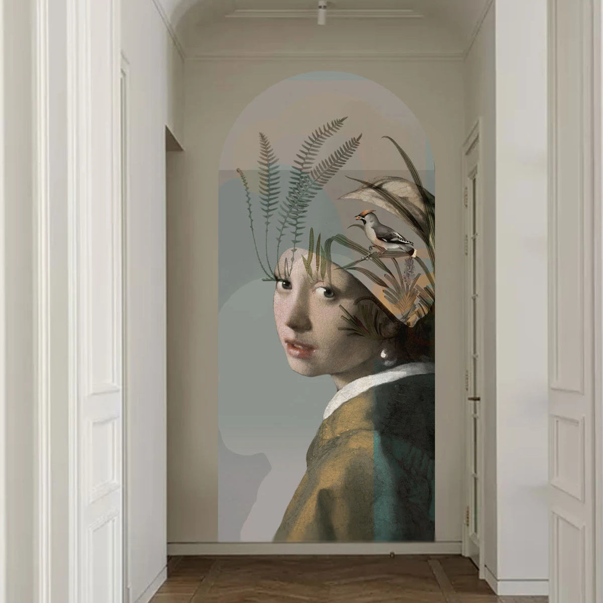 Non-woven mural in the shape of an arch NATURE GIRL WITH THE PEARL beige with green