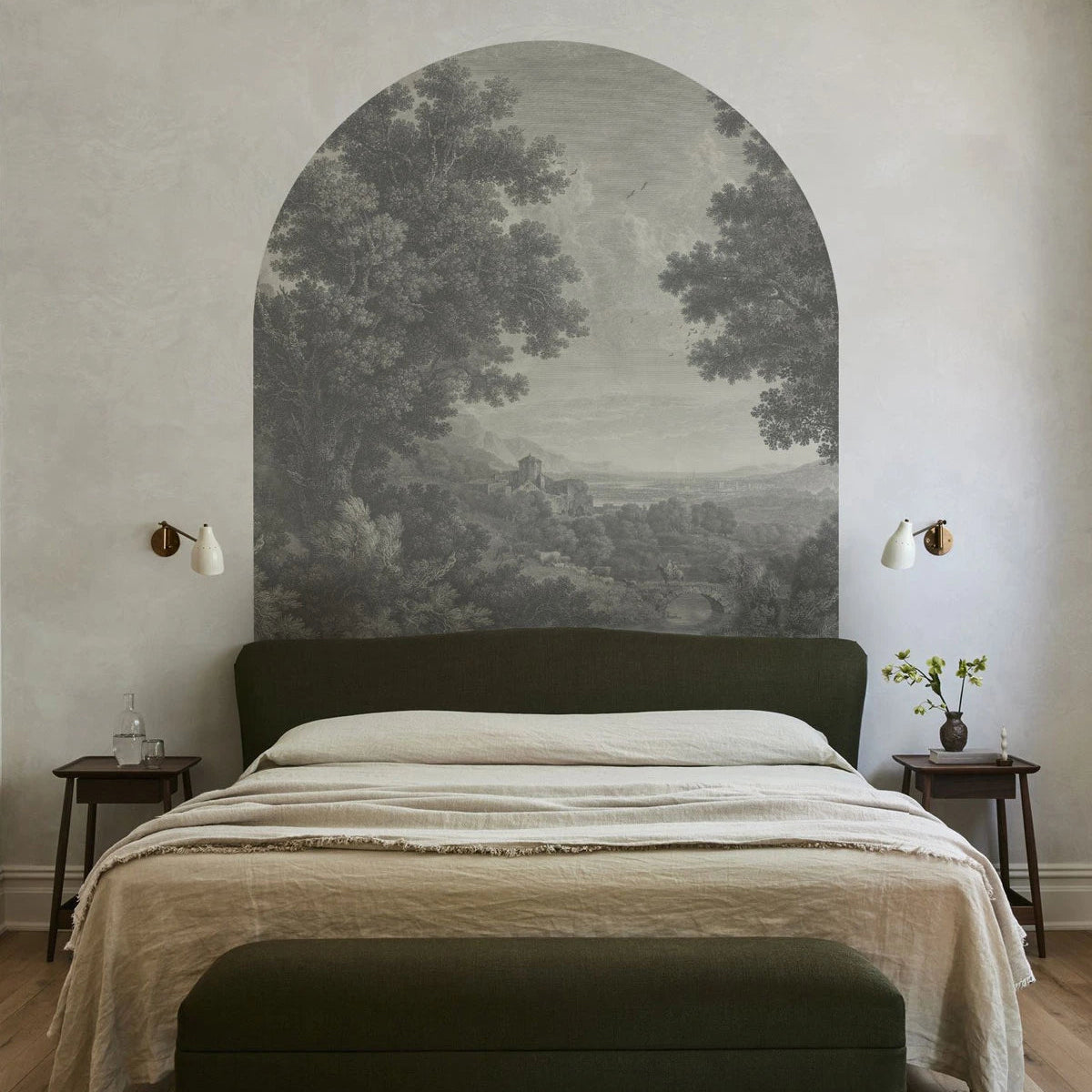 Non-woven mural in the shape of an arch PICTURESQUE VALLEY OF SERENITY gray