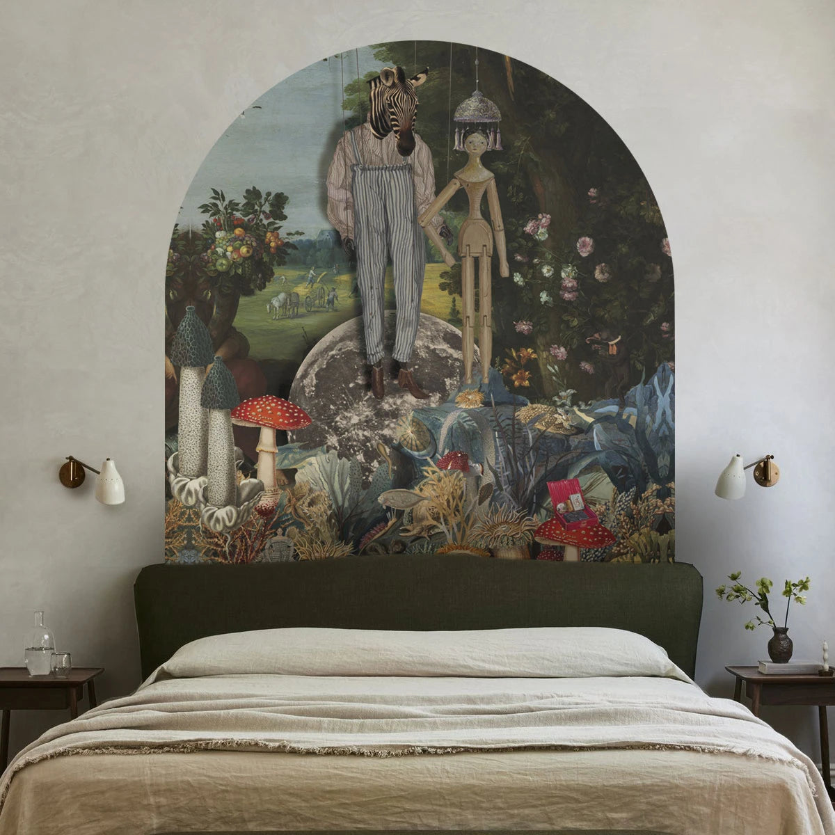 Non-woven arch-shaped mural PUPPETS dark green with blue