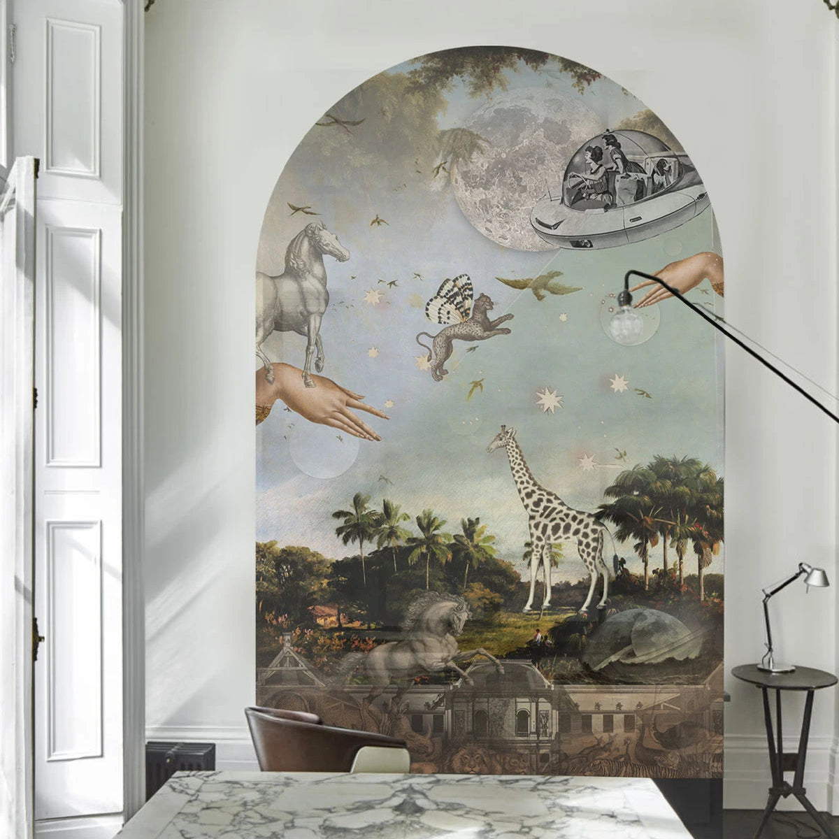 Vlies-Tapete in Bogenform STARDUST SAFARI dunkelgrün mit Blau