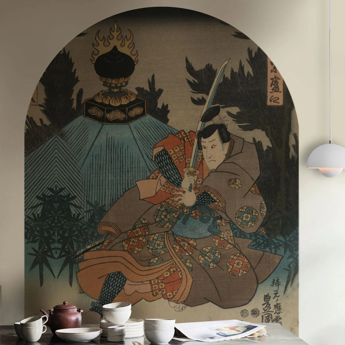 Arch-shaped non-woven mural WARRIOR ETHOS beige with blue