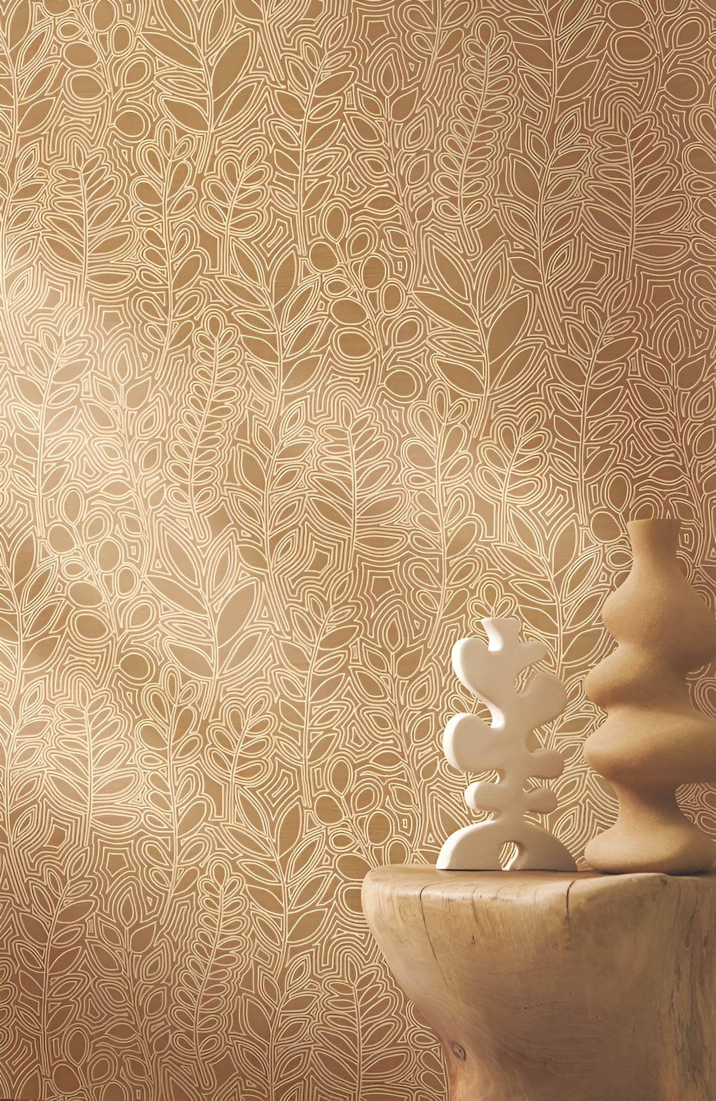 Plant-themed wallpaper with leaf design resembling embroidery ASTRAGALE - TERRACOTTA terracotta