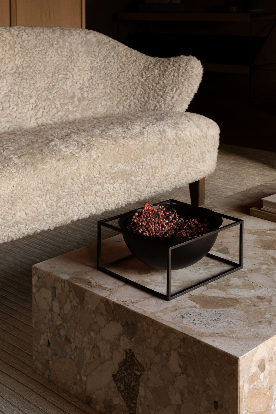 INGEBORG sofa brown sheepskin with dark oak base