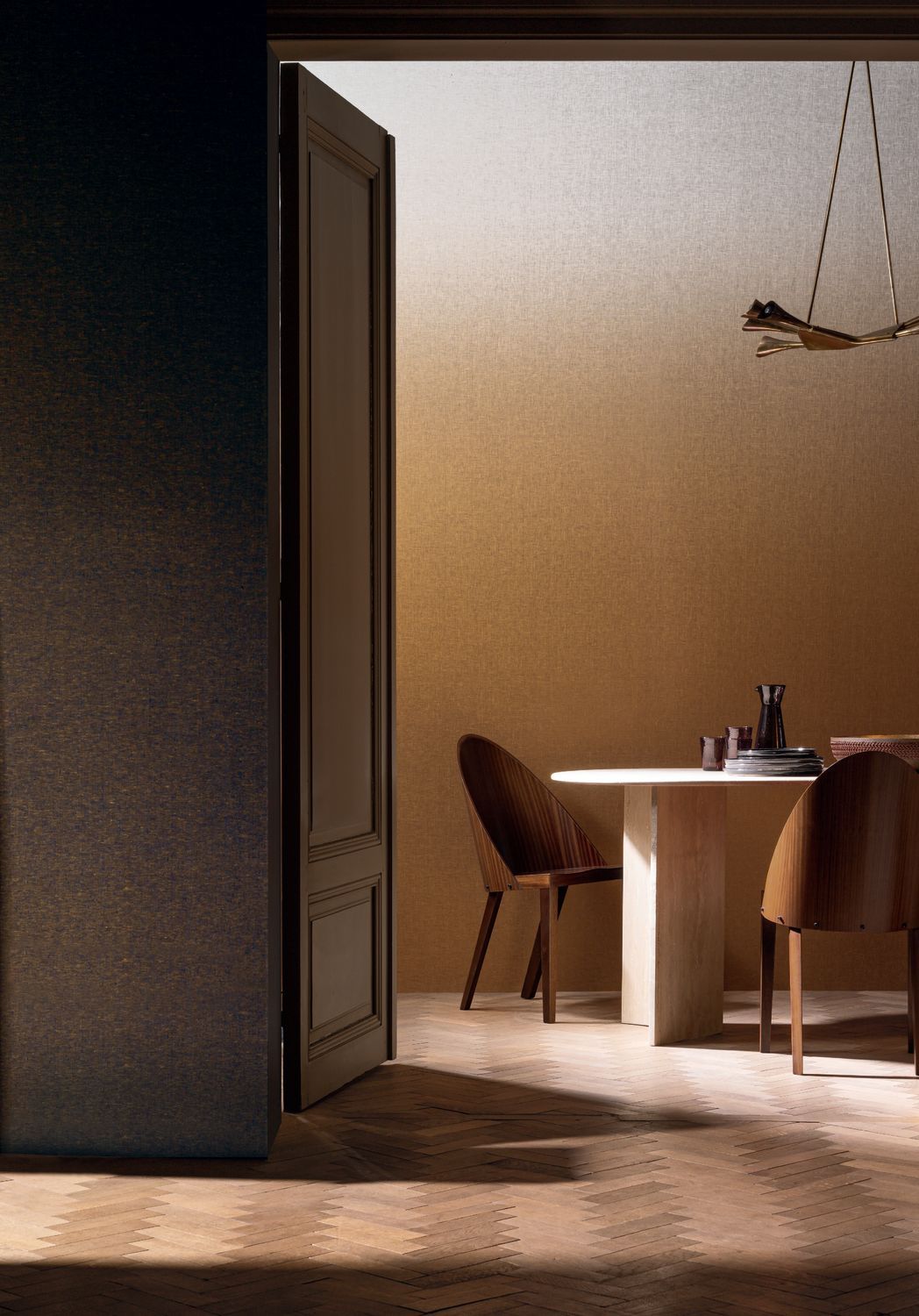 Textilwandbild mit einem Himmelmotiv ASTRAL in Gold und Beige
