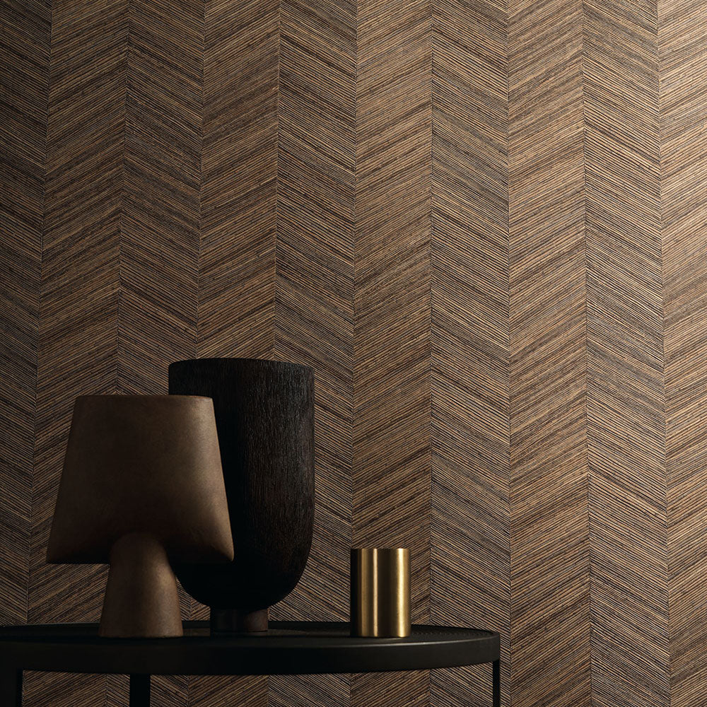 Geometric structural wallpaper imitating wood with a herringbone pattern OCOTEA - ORAGE dark gray