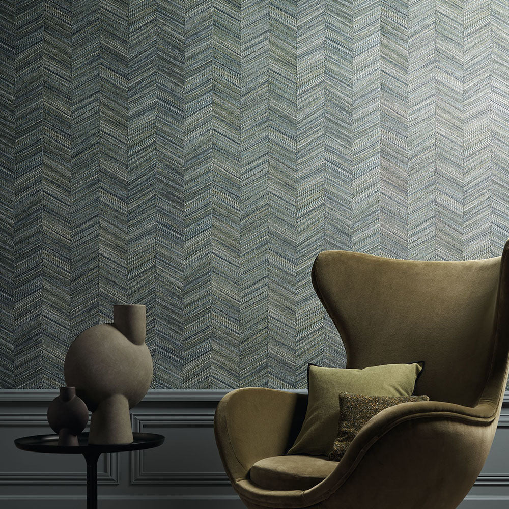 Geometric structural wallpaper imitating wood with a herringbone pattern OCOTEA - OPALINE muted blue