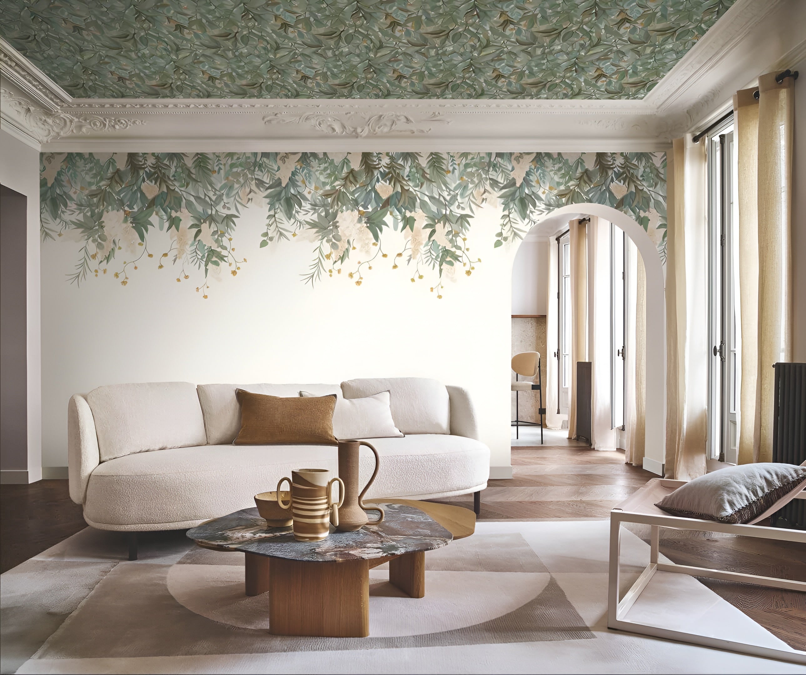 Tapete mit pflanzlichem Blattmotiv SOLANDRA - IVORY/CELEADON Elfenbein mit Mintgrün