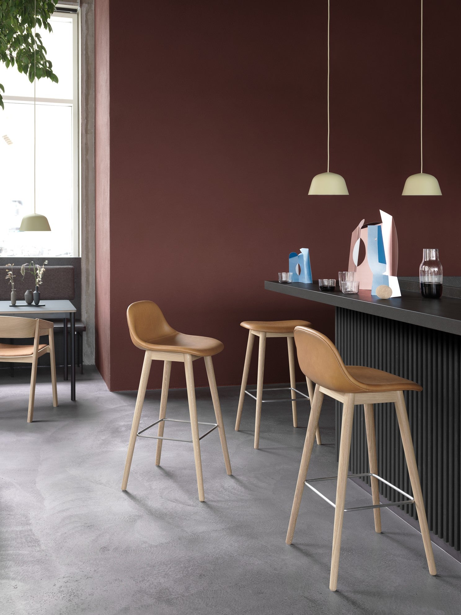 Customized FIBER Stool with Upholstered Seat and Wooden Base