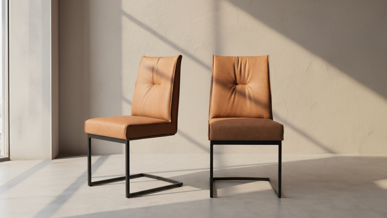 Stuhl ROMY mit braunem Sitz und schwarzem Gestell