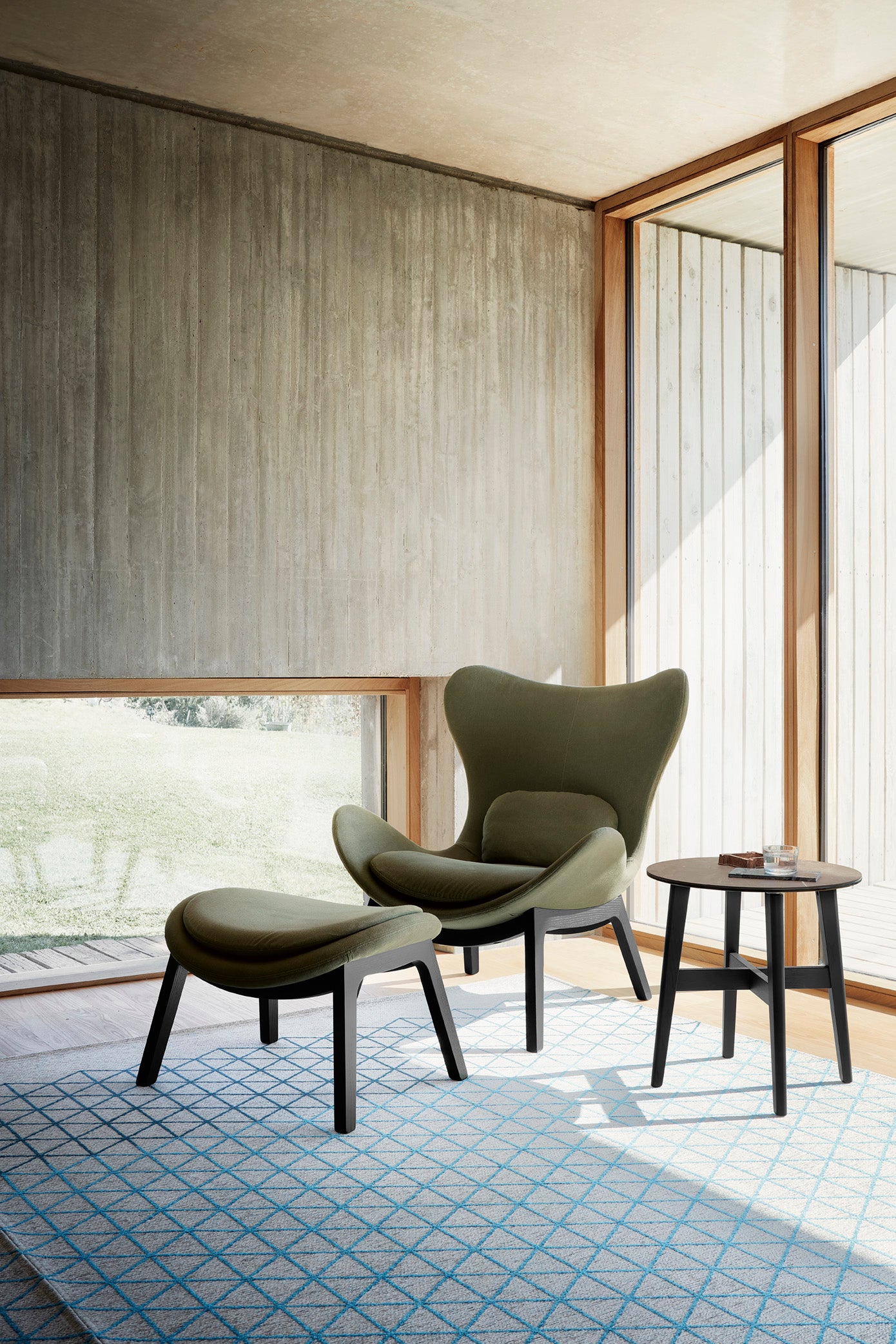 Upholstered LAZY Footrest with Dark Wooden Base