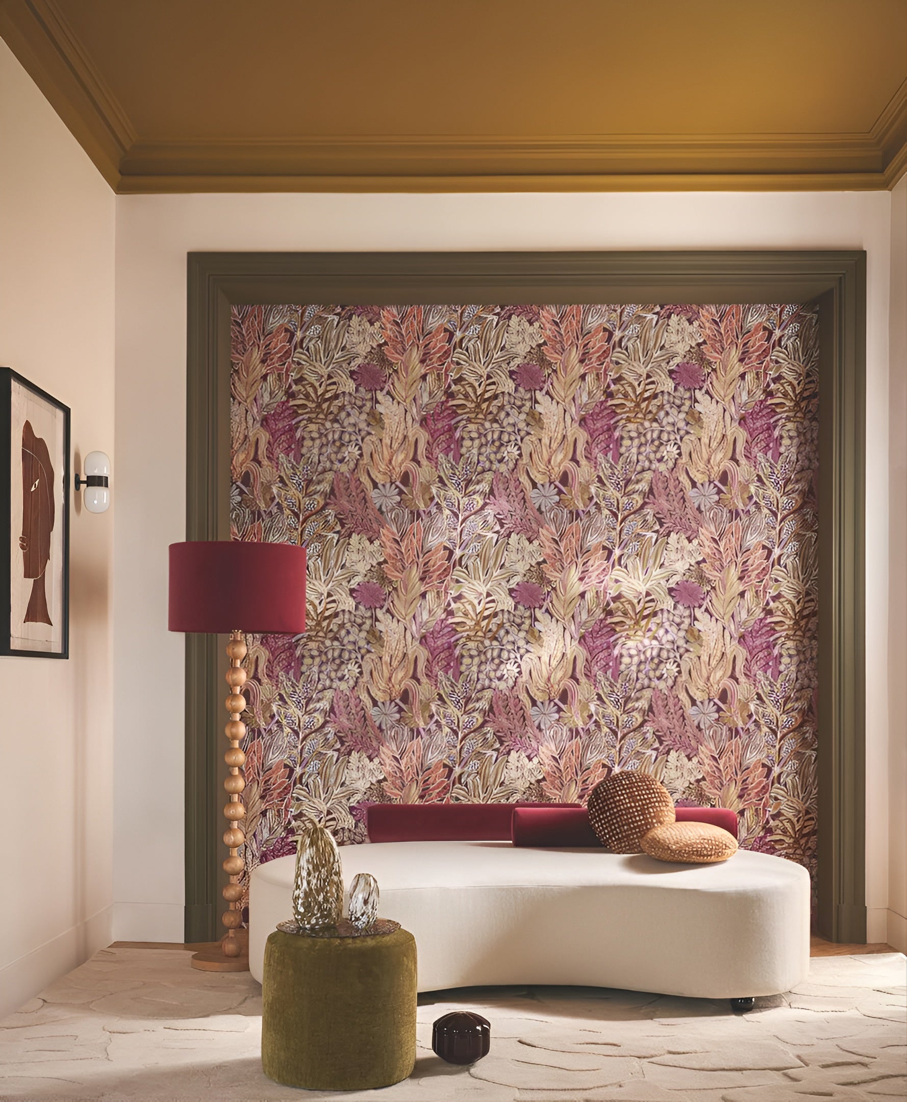 Non-woven wallpaper with a plant motif BORROMMEE - PURPLE/OLIVE purple with olive