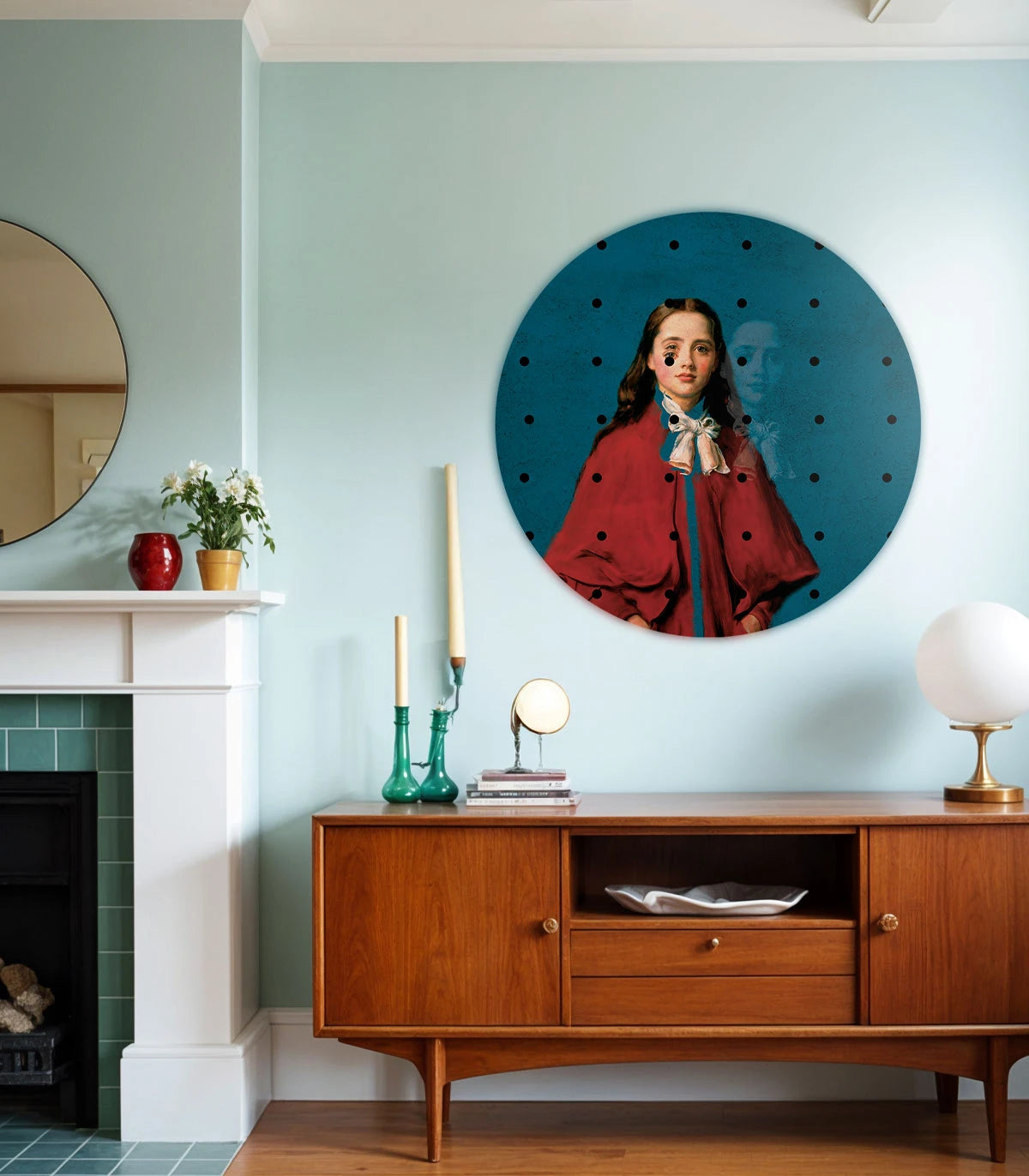 Mural w kształcie koła DOTS - GIRL IN RED blau mit rot