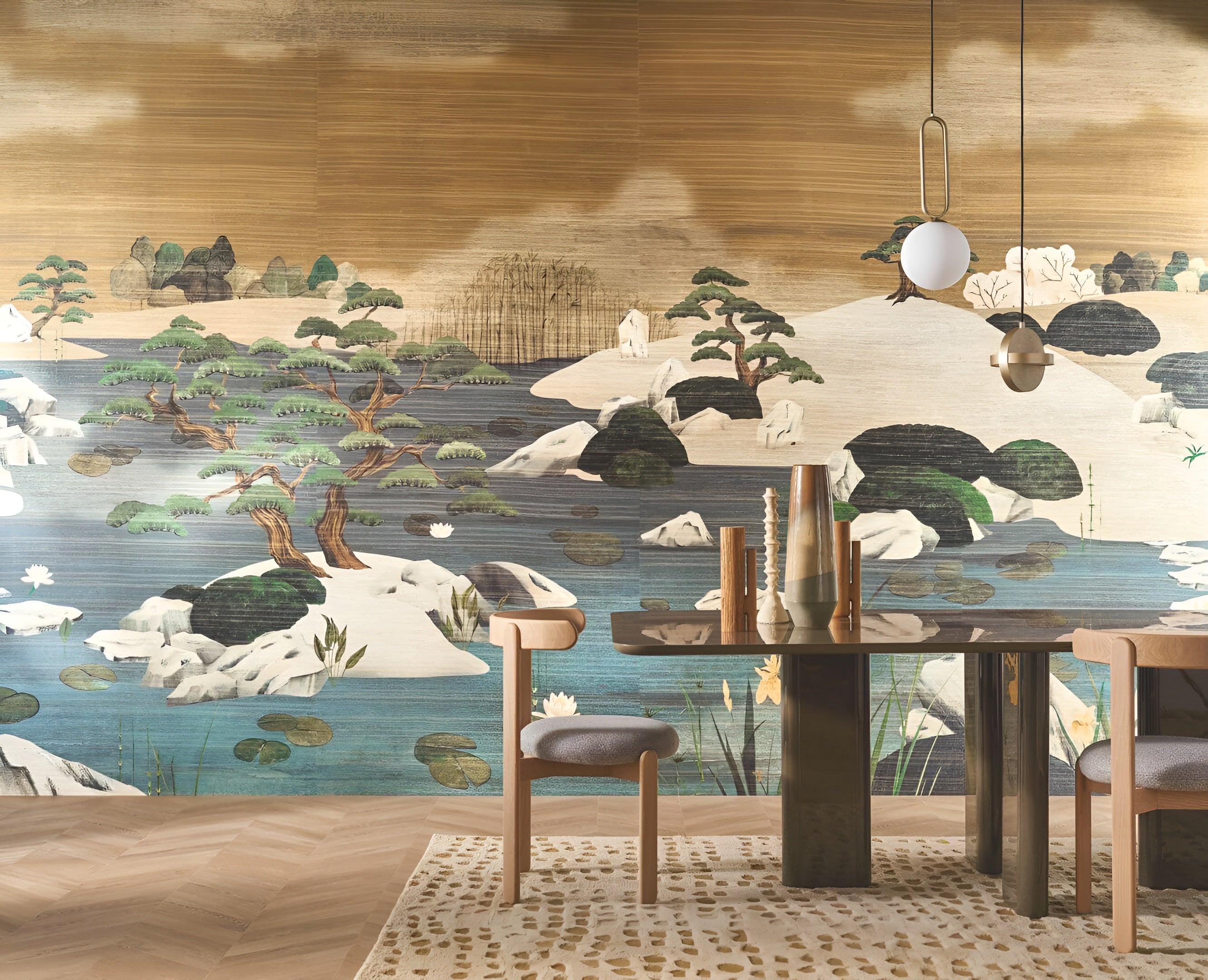 Textile mural with Japanese landscape ADACHI - MORDORÉ MARINE blue with bronze