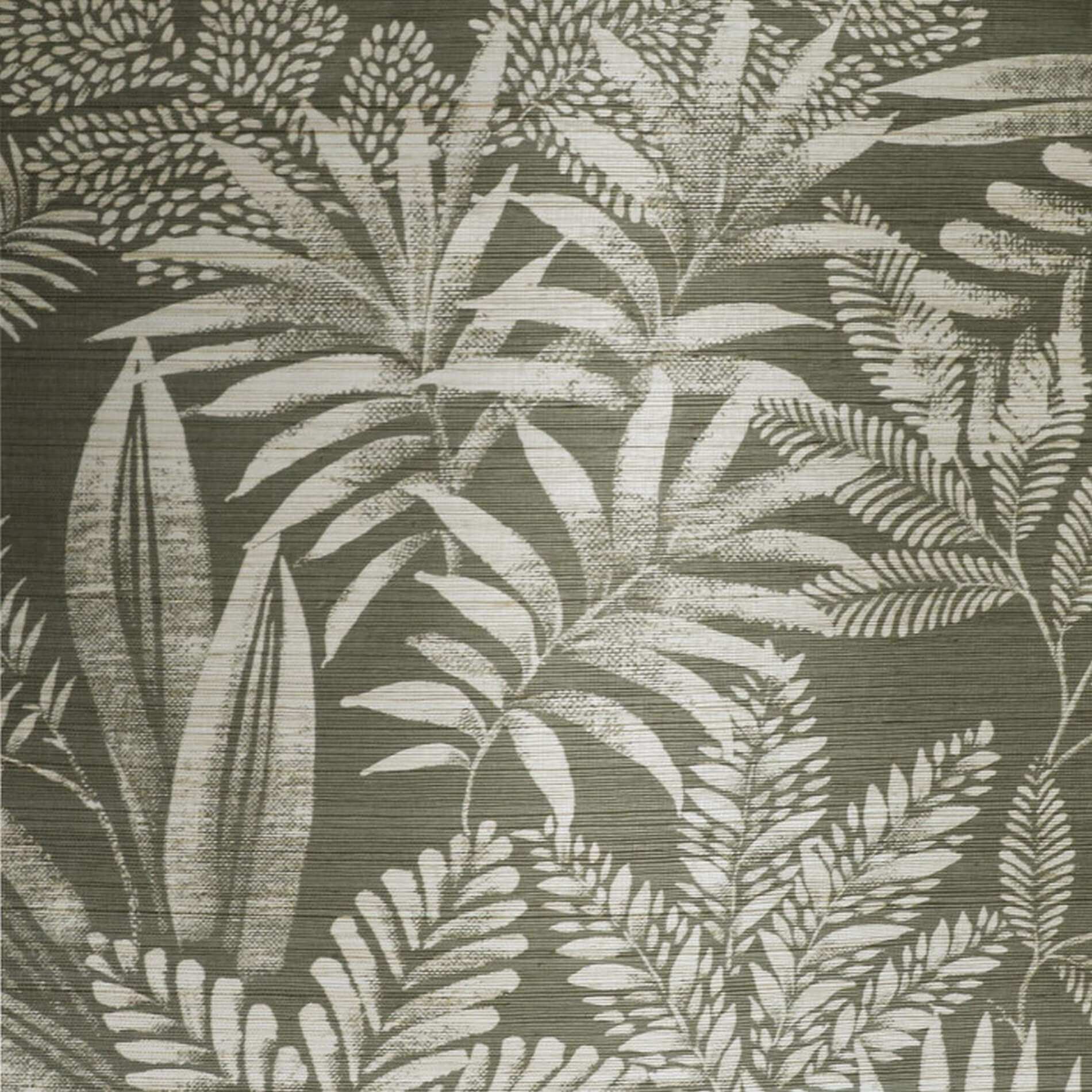 Structural wallpaper made of sisal with a plant motif MANDRARE - STONE green with white