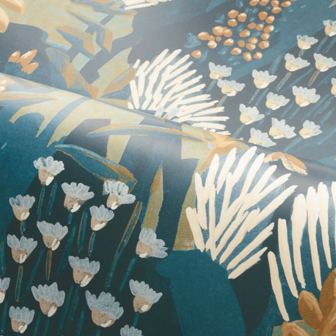 Non-woven wallpaper with a plant motif ERICA - MARINE/DARK GREEN