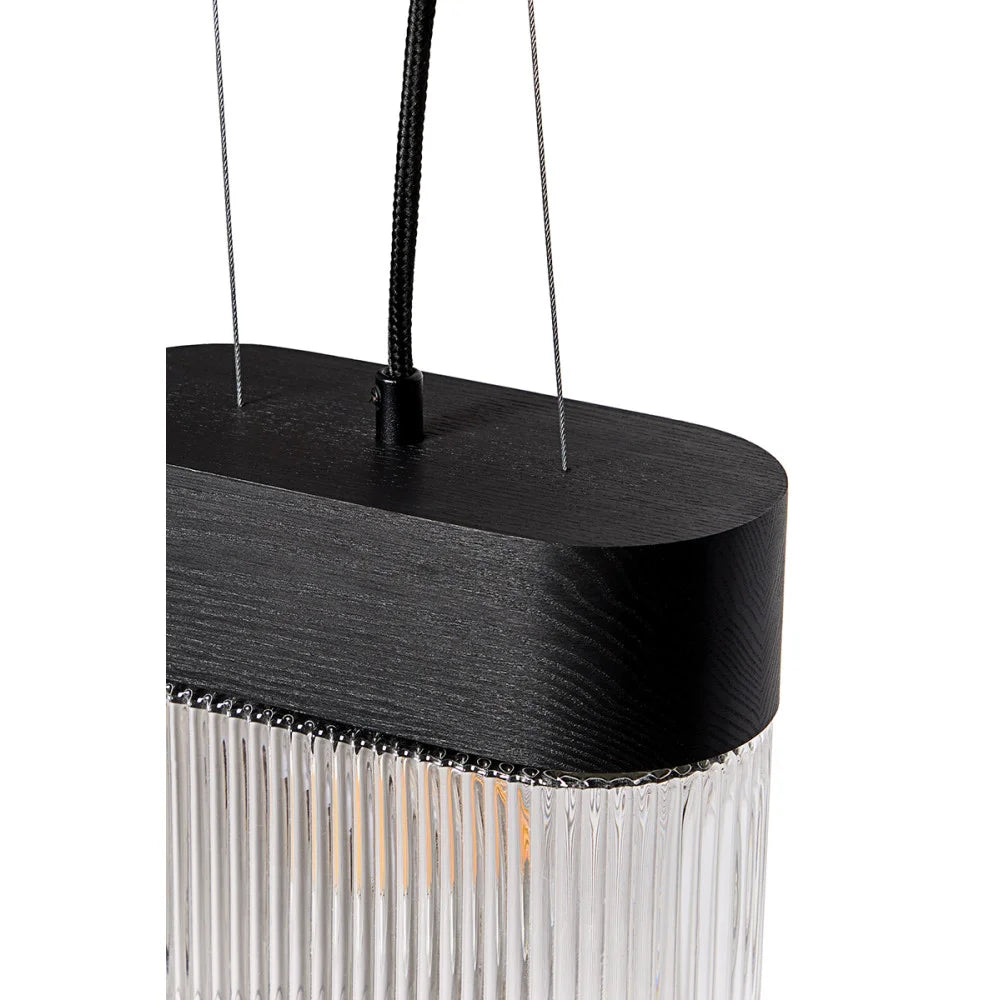 FLUMINA Pendelleuchte, geriffeltes Glas und schwarzes Eschenholz