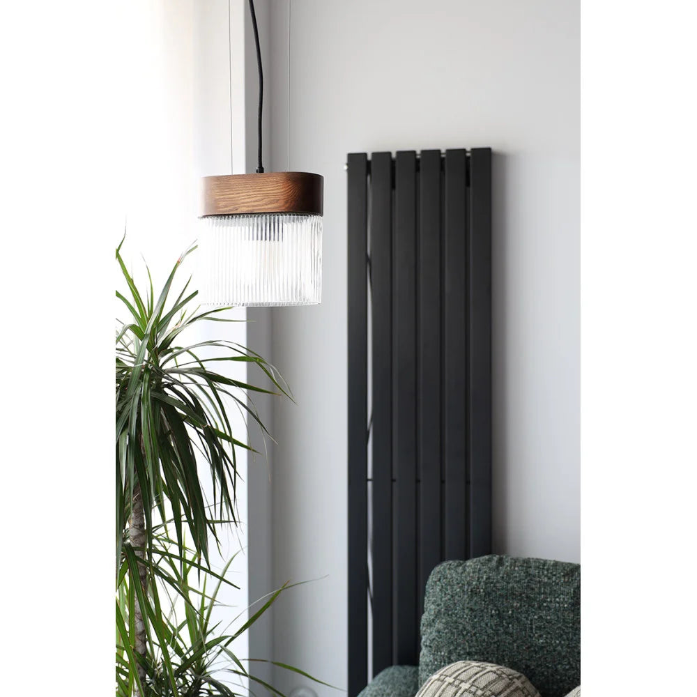 FLUMINA Pendelleuchte, geriffeltes Glas und Eschenholz
