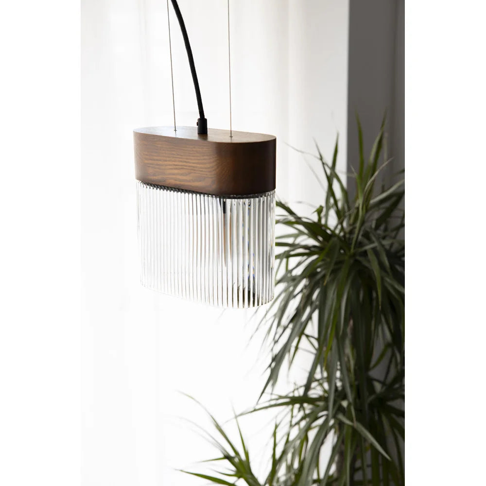 FLUMINA Pendelleuchte, geriffeltes Glas und Eschenholz