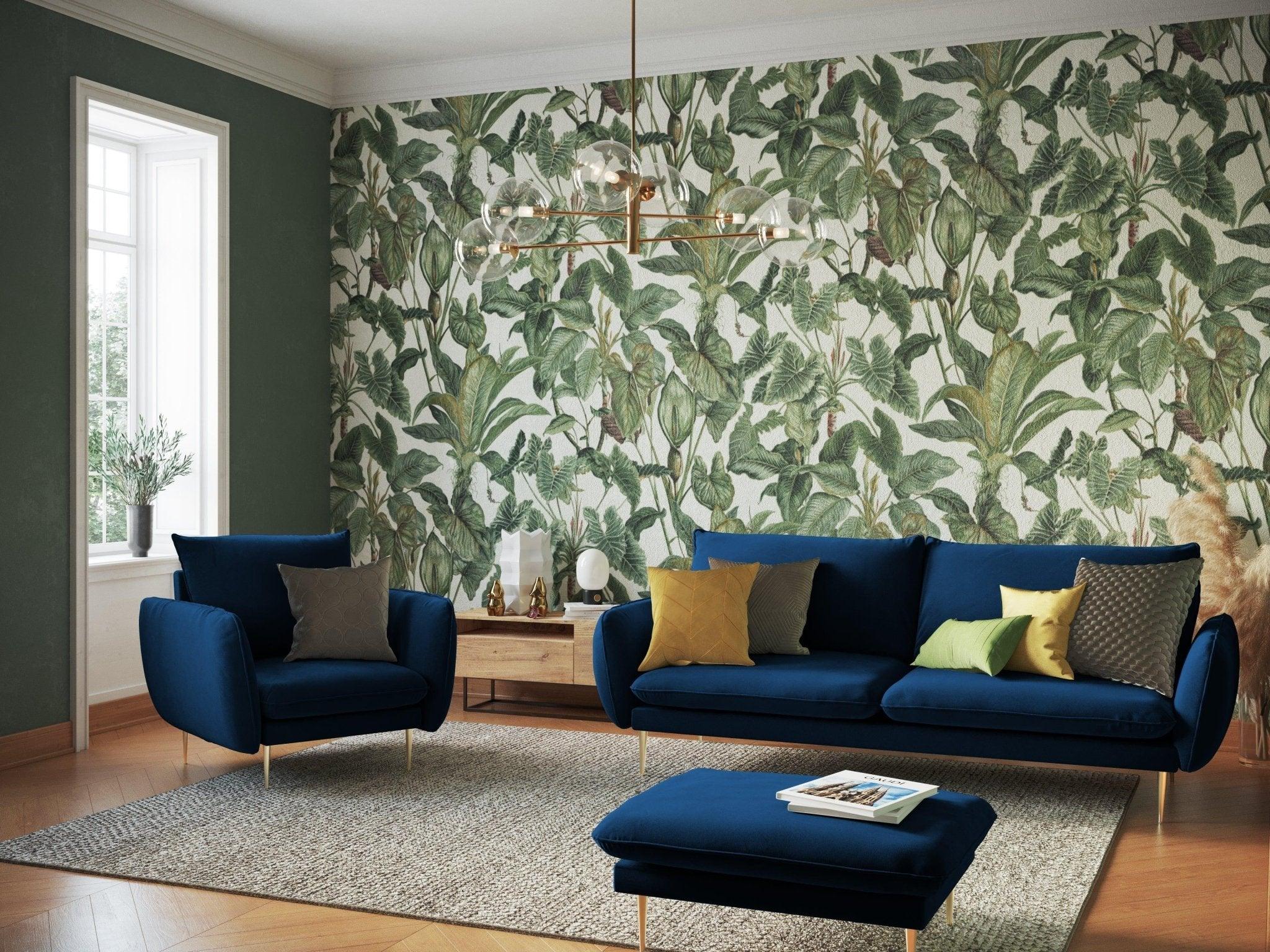 Fotel aksamitny VIENNA niebieski ze złotą podstawą Cosmopolitan Design Eye on Design