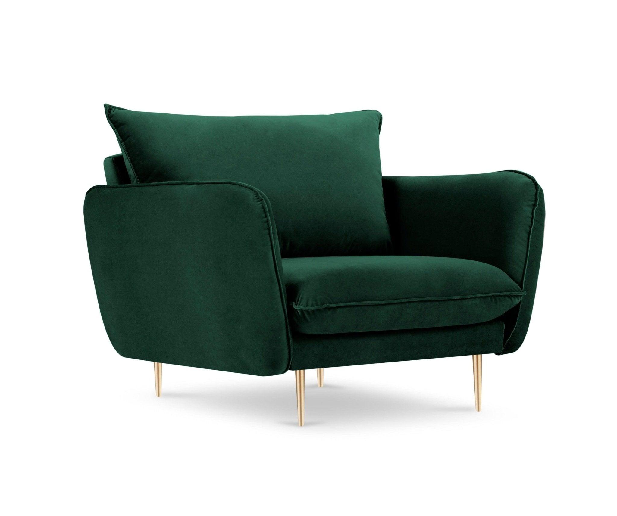 Fotel aksamitny VIENNA zielony ze złotą podstawą Cosmopolitan Design Eye on Design