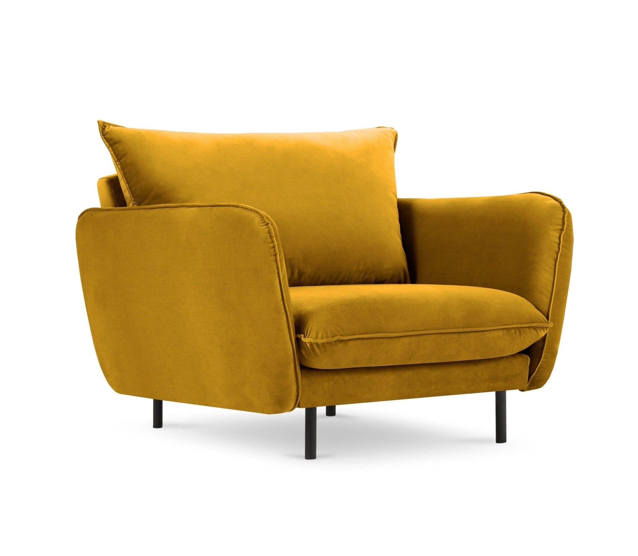 Fotel aksamitny VIENNA żółty z czarną podstawą Cosmopolitan Design Eye on Design