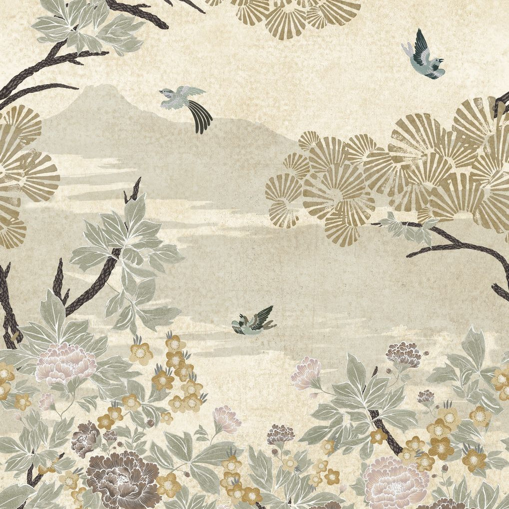 Wandbild mit Pflanzenlandschaft KANSAI - WEISS/GOLD