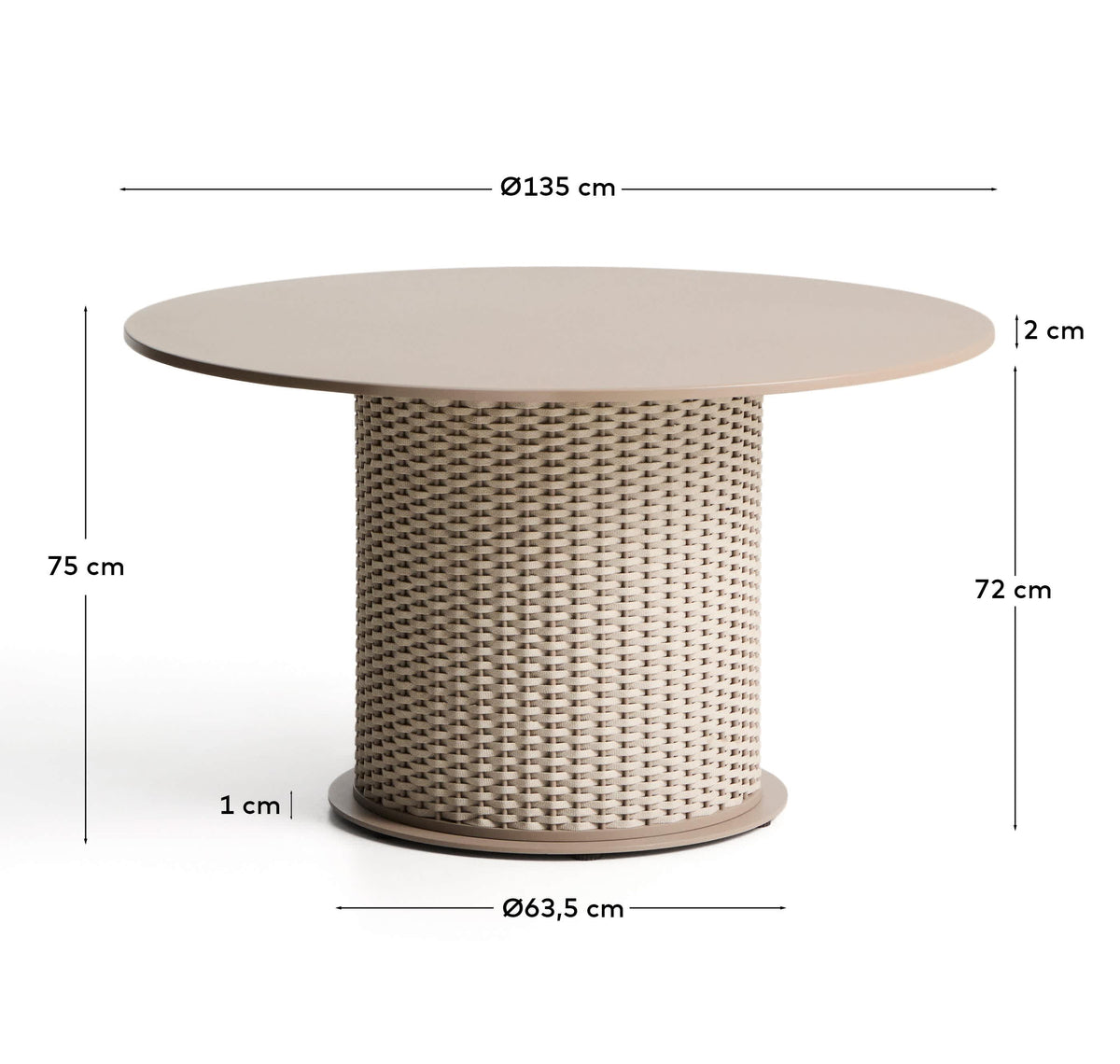 Stół ogrodowy okrągły SEDALIS taupe aluminium z liną – wymiary